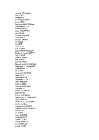ciamhair KÊWOMORI
cian KÊNOS
ciar KÊROS
Ciarán KÊRAGNOS
ciaróg KÊRÛ
Ciarraighe QÊRORÎGION
cineadh KENETUS
cinneadh QENNÎT
cíocar KÎKUKAROS
cíoch KÎKUS
ciomhas KIMÛSTÂ
cion QINUTS
ciontach QINUTS
cior KIRUS
cíor KÎRÂ
cioth QITUS
ciúin KIZDNIS
cladach KLADODOIGON
Cláideach KLUWÄNTÂKÂ
clais KLASSÂ
clamh KLAMOS
claoi- KLOYIT
claon KLOINOS
Claonabhair KLOINOBRIGS
Claoideach KLUWÄNTÂKÂ
clár KLÂRON
clé KLIYOS
cleachtadh KLEKTUS
cleath KLITS
cleathar KLITRÂ
cleas KLEKSTUS
cléithe KLÊTION
cliabh KLÊBOS
cliamhain KLIYOBNIS
cliath KLÊTÂ
cliothar KLITUROS
cloch KLOKÂ
clochar KLOKERON
Clocharnach KLOKERNÂKOS
clog KLOKKON
Clóideach KLUWÄNTÂKÂ
cloidhe KLADIÂ
cloidheamh KLADIBOS
cloigeann KLOKOQENNON
cloth KLUTS
clú KLUTS
cluain KLOUNIS
cluas KLEUSTÂ
cluiche KLOKIÂ
cnáimh KNÂMÄN
cnámh KNÂMUS
cneadh KNIDÂ
 