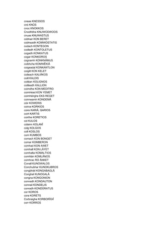 cneas KNESSOS
cnó KNÛS
cnoc KNOKKOS
Cnodhbha KNUWODWOOS
cnuas KNUWASTUS
cobhair KON BERET
cobhsaidh KOMWOSTATIS
codach KONTEGON
codladh KONTOLETUS
cogadh KONKATUS
cogar KONKOROS
cognamh KONKNÂMUS
coibhche KOMWÊKIÂ
coigeadal KONKANTLON
coigilt KON KELET
coileach KALIÂKOS
coill KALDIS
coiléan KOLIGNOS
coilleadh KALLION
coimdhe KON MEDITRO
coimhéad KON YEMET
coimhéirghe EKS REGET
coinneamh KONDEMÂ
cóir KOWERIS
coirce KORKIOS
coire KARIÂ, QARIOS
coirt KARTIS
coirthe KORETIOS
col KULOS
colainn KOLANÎ
colg KOLGOS
coll KOSLOS
com KUMBOS
comach KON BONGET
comar KOMBERON
comhad KON AWET
comhall KON LÂYET
comhalta KOMALTIOS
comhlán KOMLÂNOS
comhrac RO ÄNKET
Conall KUNOWALOS
Conchubhar KUNOKUBROS
congbháil KONGABAGLÂ
Conghal KUNOGALÂ
congna KONGONION
connadh KONDAUTON
connail KONDELIS
conradh KONDÛRATUS
cor KOROS
cora KORETS
Corbraighe KORBORÎGIÎ
corr KORROS
 