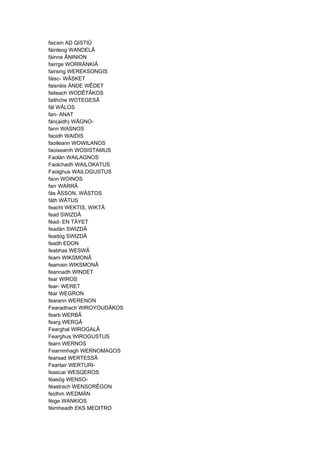 faicsin AD QISTIÛ
fáinleog WANDELÂ
fáinne ÂNINION
fairrge WORRÄNKIÂ
fairsing WEREKSONGIS
fáisc- WÂSKET
faisnéis ÄNDE WÊDET
faiteach WODÊTÂKOS
faithche WOTEGESÂ
fál WÂLOS
fan- ANAT
fán(aidh) WÂGNO-
fann WASNOS
faoidh WAIDIS
faoileann WOWILANOS
faoiseamh WOSISTAMUS
Faolán WAILAGNOS
Faolchadh WAILOKATUS
Faolghus WAILOGUSTUS
faon WOINOS
farr WARRÂ
fás ÂSSON, WÂSTOS
fáth WÂTUS
feacht WEKTIS, WIKTÂ
fead SWIZDÂ
féad- EN TÂYET
feadán SWIZDÂ
feadóg SWIZDÂ
feadh EDON
feabhas WESWÂ
feam WIKSMONÂ
feamain WIKSMONÂ
feannadh WINDET
fear WIROS
fear- WERET
féar WEGRON
fearann WERENON
Fearadhach WIROYOUDÂKOS
fearb WERBÂ
fearg WERGÂ
Fearghal WIROGALÂ
Fearghus WIROGUSTUS
fearn WERNOS
Fearnmhagh WERNOMAGOS
fearsad WERTESSÂ
Feartair WERTURI-
feascar WESQEROS
féasóg WENSO-
féastrach WENSORÊGON
feidhm WEDMÄN
féige WANKIOS
féimheadh EKS MEDITRO
 