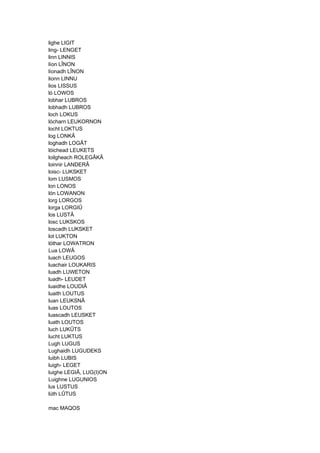 lighe LIGIT
ling- LENGET
linn LINNIS
líon LÎNON
líonadh LÎNON
lionn LINNU
lios LISSUS
ló LOWOS
lobhar LUBROS
lobhadh LUBROS
loch LOKUS
lócharn LEUKORNON
locht LOKTUS
log LONKÂ
loghadh LOGÂT
lóichead LEUKETS
loilgheach ROLEGÂKÂ
loinnir LANDERÂ
loisc- LUKSKET
lom LUSMOS
lon LONOS
lón LOWANON
lorg LORGOS
lorga LORGIÛ
los LUSTÂ
losc LUKSKOS
loscadh LUKSKET
lot LUKTON
lóthar LOWATRON
Lua LOWÂ
luach LEUGOS
luachair LOUKARIS
luadh LUWETON
luadh- LEUDET
luaidhe LOUDIÂ
luaith LOUTUS
luan LEUKSNÂ
luas LOUTOS
luascadh LEUSKET
luath LOUTOS
luch LUKÛTS
lucht LUKTUS
Lugh LUGUS
Lughaidh LUGUDEKS
luibh LUBIS
luigh- LEGET
luighe LEGIÂ, LUG(I)ON
Luighne LUGUNIOS
lus LUSTUS
lúth LÛTUS
mac MAQOS
 