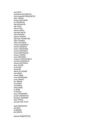 ocht OKTÛ
ochtmhadh OKTÛMETOS
ochtmhoghaOKTÛMOKONTES
odhar UDROS
ódheas SWE DEKSI
óg YEWÄNKOS
ogal UKSGALOS
ogh OGOS
oide ATTIOS
oidhche ADEKÎ
oidheadh ADETÂ
oidire ENTERIÂ
oighean AGINON
oighreadh YEGIRETON
oiléan ALIKNOS
oilithir ALIOTÎRES-
oirbheart AREBERTÂ
oirbhire AREBERIÂ
oirdhirc AREDERKIS
oireacht ARESAKTÂ
oiread AREWOZDOS
oireamh ARIAMÛ
oirear AREORON
oiriseamh ARESISTAMUS
oirmhidin AREMÄNTIÛ
oirthear ARETERON
olann WLANÂ
olc OLKOS
oll OLLOS
ollamh OLLOSAMÛ
omh OMOS
omhan OBNÂ
omna UKSMONIOS
onchú ONOKÛ
Orc ORKOS
orca ORKÛ
ord ORDOS
ordóg ORDÛ
os UKSÛ
ós OUKSU
oscar UKSSKAROS
osnadh UKSANATUS
Osraighe UKSORÎGIÎ
othar UTROS
óthuaidh SWE TEUTI
peata QEZDODIOS
peil QELÂ
pit QEZDIS
pór QÂRON
rabharta ROBERTÊYOS
 