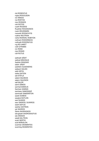 ród ROSENTUS
rogha ROGOUSON
rón RÂNOS
ros ROSTOS
rosc ROSQOS
roth ROTOS
ruadh ROUDOS
Ruadhán ROUDAGNOS
ruaim REUDSMÄN
ruanaidh ROGNIYATIS
ruathar REUTRON
rubha ROWION, ROBIYON
rudhrach RODÛRÂKOS
rudhradh RODÛRATUS
rug RO UNKET
ruibh STRABIS
rún RÛNÂ
rúsc RÛSKÂ
ruth RUTUS
sádhadh SÂDIT
sádhail SÂDOÂLIS
Sadhbh SWADWÂ
sáidh- SÂDIT
saidhbhir SUADWERIS
saileach SALIKS
sáith SÂTIS
saithe SATION
sál STÂTLÂ
salach SALÂKOS
salann SALENON
sall SALDÂ
sámh SÂMOS
samhail SAMALIS
Samhain SAMNIS
samhaisc SAMOSISQÎ
samhradh SAMORÂTON
saobh SOIBOS
saoghal SAITLON
saoi SUWIDS
saor SAEROS, SUWIROS
saoth SAITUS
saothar SAITRON
sár SAGROS
Sárán SAGRAGNOS
sárughadh SAGROSAGITUS
sás SÂSSOS
satailt SALTRON
scairt QERTIS
scál SKÂKSLON
scamhán SKAMÄNTES
scamhóg SKAMÄNTES
 