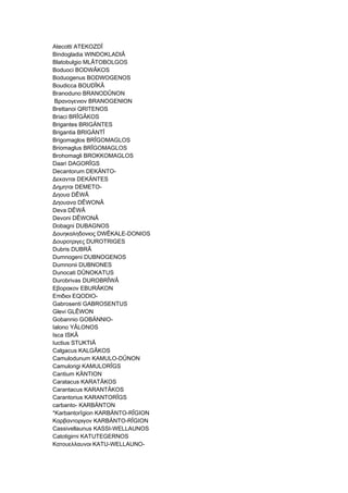 Atecotti ATEKOZDÎ
Bindogladia WINDOKLADIÂ
Blatobulgio MLÂTOBOLGOS
Boduoci BODWÂKOS
Boduogenus BODWOGENOS
Boudicca BOUDÎKÂ
Branoduno BRANODÛNON
Βρανογενιον BRANOGENION
Brettanoi QRITENOS
Briaci BRÎGÂKOS
Brigantes BRIGÄNTES
Brigantia BRIGÄNTÎ
Brigomaglos BRÎGOMAGLOS
Briomaglus BRÎGOMAGLOS
Brohomagli BROKKOMAGLOS
Daari DAGORÎGS
Decantorum DEKÄNTO-
Δεκανται DEKÄNTES
Δημηται DEMETO-
Δηουα DÊWÂ
Δηουανα DÊWONÂ
Deva DÊWÂ
Devoni DÊWONÂ
Dobagni DUBAGNOS
Δουηκαληδονιος DWÊKALE-DONIOS
Δουροτριγες DUROTRIGES
Dubris DUBRÂ
Dumnogeni DUBNOGENOS
Dumnonii DUBNONES
Dunocati DÛNOKATUS
Durobrivas DUROBRÎWÂ
Εβορακον EBURÂKON
Επιδιοι EQODIO-
Gabrosenti GABROSENTUS
Glevi GLÊWON
Gobannio GOBÄNNIO-
Ialono YÂLONOS
Isca ISKÂ
Iuctius STUKTIÂ
Calgacus KALGÂKOS
Camulodunum KAMULO-DÛNON
Camulorigi KAMULORÎGS
Cantium KÄNTION
Caratacus KARATÂKOS
Carantacus KARANTÂKOS
Carantorius KARANTORÎGS
carbanto- KARBÄNTON
*Karbantorîgion KARBÄNTO-RÎGION
Καρβαντοριγον KARBÄNTO-RÎGIOΝ
Cassivellaunus KASSI-WELLAUNOS
Catotigirni KATUTEGERNOS
Κατουελλαυνοι KATU-WELLAUNO-
 