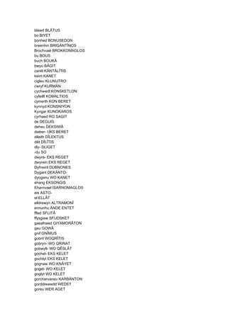 blawd BLÂTUS
bo BIYET
bonhed BONUSEDON
breenhin BRIGÄNTÎNOS
Brochvael BROKKOMAGLOS
bu BOUS
buch BOUKÂ
bwyo BÂGIT
canlit KÄNTÂLÎTIS
keint KANET
cigleu KLUNUTRO
cwryf KURMÄN
cychwedl KONSKETLON
cyfeillt KOMALTIOS
cymerth KON BERET
kynnyd KONSNIYON
Kyngar KUNOKAROS
cyrhaed RO SAGIT
de DEGUIS
deheu DEKSIWÂ
dieber- UKS BERET
dileith DÎLEKTUS
dilit DÎLÎTIS
dly- DLIGET
-du SO
dwyre- EKS REGET
dwyrein EKS REGET
Dyfneint DUBNONES
Dygant DEKÄNTO-
dyoganu WO KANET
ehang EKSONGIS
Eharnvael ISARNOMAGLOS
eis ASTO-
el ELLÂT
elldrewyn ALTRAMONÎ
ennunhu ÄNDE ENTET
ffled SFLITÂ
ffysgiaw SFUDSKET
gaeafrawd GIYAMORÂTON
geu GOWÂ
gnif GNÎMUS
gobrit WOQRÎTIS
gobryn- WO QRINAT
gobwyll- WO QÊSLÂT
gochel- EKS KELET
gochlyt EKS KELET
gognaw WO KNÂYET
gogel- WO KELET
goglyt WO KELET
gorcharvaneu KARBÄNTON
gorddiwawdd WEDET
goreu WER AGET
 