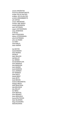 arian(t) ARGÄNTON
Arianrhod ARGÄNTOROTÂ
arogleu WO KLUNUTRO
aroglyw- WO KLUNUTRO
armerth AREEMBIBERTÂ
arth ARTOS
arwain AREWEDNÂ
arwedd- ARE WEDET
arwydd AREWIDION
asen ASTONION
asgwrn ASTOKORNON
aswy ADSEWIOS
at AD DU
ateb ATES(E)QON
atewyn ATEDAWINION
athref ADTREBON
athro ALTRAMÛ
aw AWET
awel AWELÂ
awen AWENÂ
bad BATON
baedd BAIDOS
baich BASKIS
bal BALÂ
balch BALKOS
ball BALLET
ban BÄNNÂ
banadl BANATLON
banw BANWOS
bara BAREGON
barch BARKÂ
bardd BARDOS
barnu BARNAT
barr BARROS
bawd MÂTÂ
bawdd BÂDIT
bedw BETÛ
bedd BEDON
beddrod BEDORÂTIS
begegyr BIKOS
beidr BOWITRON
bele BELEWOS
belu BALLET
ber BERU
berth BERTOS
berwi BERWET
berwr BERUROS
beudy BOUTEGOS
blaen BLAKNON
blagur BLAKOIRO-
blaidd BLEDIOS
 