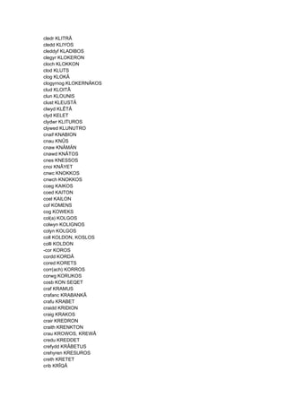 cledr KLITRÂ
cledd KLIYOS
cleddyf KLADIBOS
clegyr KLOKERON
cloch KLOKKON
clod KLUTS
clog KLOKÂ
clogyrnog KLOKERNÂKOS
clud KLOITÂ
clun KLOUNIS
clust KLEUSTÂ
clwyd KLÊTÂ
clyd KELET
clydwr KLITUROS
clywed KLUNUTRO
cnaif KNABION
cnau KNÛS
cnaw KNÂMÄN
cnawd KNÂTOS
cnes KNESSOS
cnoi KNÂYET
cnwc KNOKKOS
cnwch KNOKKOS
coeg KAIKOS
coed KAITON
coel KAILON
cof KOMENS
cog KOWEKS
col(a) KOLGOS
colwyn KOLIGNOS
colyn KOLGOS
coll KOLDON, KOSLOS
colli KOLDON
-cor KOROS
cordd KORDÂ
cored KORETS
corr(ach) KORROS
corwg KORUKOS
cosb KON SEQET
craf KRAMUS
crafanc KRABANKÂ
crafu KRABET
craidd KRIDION
craig KRAKOS
crair KREDRON
craith KRENKTON
crau KROWOS, KREWÂ
credu KREDDET
crefydd KRÂBETUS
crehyren KRESUROS
creth KRETET
crib KRÎQÂ
 