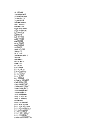 crin KRÎNOS
croen KROKNOS
crogen KROKNOS
crud KROUTOS
crug KROUKÂ
crwm KRUMBOS
crwn KRUNNIS
crwth KRUTTÂ
crwybr KRÊQRON
crwydr KRÊTRON
crych KRIMOS
cryd KRITIS
crydr KRITRIS
crydd KARIOS
cryg KRIKOS
crynu KRINET
crys KRISSUS
cu KOIMOS
cuddio KEUDET
cul KOILOS
cun KOUNÂ
curan KOURAGNOS
cw(dd) KU
cwan KAWÂ
cwch KUKSOS
cwd KUTIS
cwl KULOS
cwm KUMBÂ
cwrw KURMÄN
cwthr KUZDRON
cwyddo KÊDET
cwyno KAINÎT
cwys KÊSSUS
cychwynn- SKENDET
cyfaill KOMALTIOS
cyfarch KON ARKET
cyfeiliorn ARE ORGET
cyflawn KOMLÂNOS
cyfoeth KON ÄNKET
cyfogi KOMÂKUS
cyfranc RO ÄNKET
cyfrwy KON RIGET
cyfyng KOMONGIS
cylion KULIS
cymer KOMBERON
cymer- KON BERET
cymes KON MEDITRO
cymhwyllo KON QÊSLÂT
cymryd KON BERET
cymwyll KON QÊSLÂT
cymyn- KON BINAT
cynddaredd KUNODARIÂ
 
