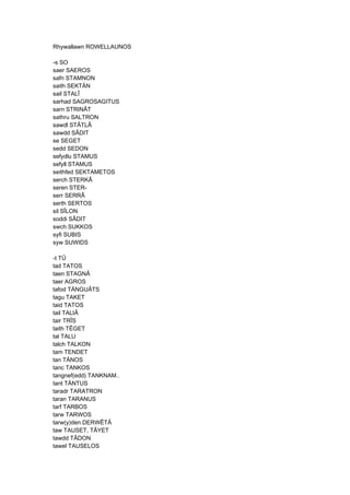 Rhywallawn ROWELLAUNOS
-s SO
saer SAEROS
safn STAMNON
saith SEKTÄN
sail STALÎ
sarhad SAGROSAGITUS
sarn STRINÂT
sathru SALTRON
sawdl STÂTLÂ
sawdd SÂDIT
se SEGET
sedd SEDON
sefydlu STAMUS
sefyll STAMUS
seithfed SEKTAMETOS
serch STERKÂ
seren STER-
serr SERRÂ
serth SERTOS
sil SÎLON
soddi SÂDIT
swch SUKKOS
syfi SUBIS
syw SUWIDS
-t TÛ
tad TATOS
taen STAGNÂ
taer AGROS
tafod TÄNGUÂTS
tagu TAKET
taid TATOS
tail TALIÂ
tair TRÎS
taith TÊGET
tal TALU
talch TALKON
tam TENDET
tan TÄNOS
tanc TANKOS
tangnef(edd) TANKNAM..
tant TÄNTUS
taradr TARATRON
taran TARANUS
tarf TARBOS
tarw TARWOS
tarw(y)den DERWÊTÂ
taw TAUSET, TÂYET
tawdd TÂDON
tawel TAUSELOS
 