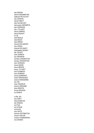 dek DEKÄN
dekvet DEKAMETOS
dellezañ RO SLIYET
den DONIOS
denañ DINUT
derc’hel DELGET
deroueden DERWÊTÂ
derv DERWON
deu- TO AGET
deuñv DÂMOS
deviñ DOGUIT
di- DÎ
dial DÎGALÂ
died DEGÛ
diek DÎÂKIS
dimeziñ EN WEDET
diou DWÂU
direzañ RO SAGIT
diskogellañ SKOKIT
dle- DLIGET
doñv DOMOS
dor DWORON
doredou DWORATON
dorojou DWORATON
dorn DURNOS
douar DISAR
doue DÊWOS
doug- TO UKET
doun DUBNOS
dour DUBROS
dourgi DUBROKÛ
draen DRAGENOS
dramm DRAKSMÄN
dre TRI
dred TRAZDUS
dremm DRIKSMÂ
drez DRISTIS
drouk DRUKOS
du DUBUS
e IDE, SO
eaz AGET
ebeul EQÂLOS
ebr ERQOS
ed ITUS
ein ETNOS
eil ALIOS
eizh OKTÛ
eizhvet OKTÛMETOS
emolc’h SELGÂ
empenn ENQENNION
ene ANAMÛ
 
