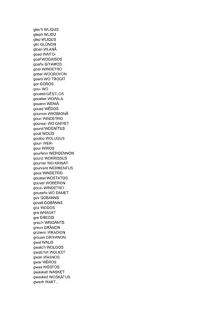 glec’h WLIQUS
gleizh WLIDU
glep WLIQUS
glin GLÛNON
gloan WLANÂ
goad WAITO-
goaf WOGAISOS
goañv GIYAMOS
goar WINDETRO
gober WOQROYON
goero WO TROGIT
gor GOROS
gou- WO
gouestl GÊSTLOS
gouelan WOWILA
gouenn WENIÂ
gouez WÊDOS
goumon WIKSMONÂ
goun WINDETRO
gounez- WO GNIYET
gounit WOGNÎTUS
gouli WOLÎS
gouloù WOLUGUS
gour- WER-
gour WIROS
gourfenn WERQENNON
gouriz WOKRISSUS
gourner WO KRINAT
gourvent WERMENTUS
gous WINDETRO
goustat WOSTATOS
gouver WOBERON
gouz- WINDETRO
gouzañv WO DAMET
gov GOBÄNNS
govell GOBÄNNS
goz WODOS
gra WRAGET
gre GREGIS
grec’h WRIGÄNTS
greun GRÂNON
grizienn WRADION
grouan GRIYANON
gwal WALIS
gwalc’h WOLGOS
gwalc’hiñ WOLKET
gwan WASNOS
gwar WÊROS
gwas WOSTOS
gwaskañ WASKET
gwasked WOSKÂTUS
gwazh WAKT...
 