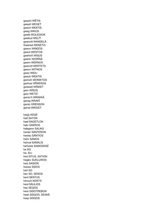 gwazhi WÊTIS
gweañ WEGET
gwech WEKTIS
gweg WIKOS
gwele WOLEGION
gwelout WELÎT
gwennili WANDELÂ
Gwened WENETO-
gwenn WINDOS
gwent WENTOS
gweñviñ WISUS
gwerin WORÎNÂ
gwern WERNOS
gwerzid WERTETS
gwevn WITNOS
gwez WIDU
gwezh WEKTIS
gwinizh WONIKTOS
gwiñver WÎWEROS
gwiskañ WÎSKET
gwiv WÎSUS
gwiz WETSÎ
gwrac’h WRAKKÂ
gwreg WRAKÎ
gwrez GRENSON
gwriat WRIGET
ha(g) ADQE
had SATON
hael SAGETLON
hakr SAKROS
halegenn SALIKS
hanter SÄNTERON
hantez SÄNTIOS
hañv SAMOS
hañval SAMALIS
hañvesk SAMOSISQÎ
he SO
he- SU-
hed SITUS, SATION
heglev SUKLUWOS
heiz SASION
heizes SIDOS
heñ SO
hen SO, SENOS
hent SENTUS
henozh NOKTS
heol SÂULIOS
hep SEQOS
here SIDOTREBON
hesk SISQOS, SESKÂ
hesp SISQOS
 