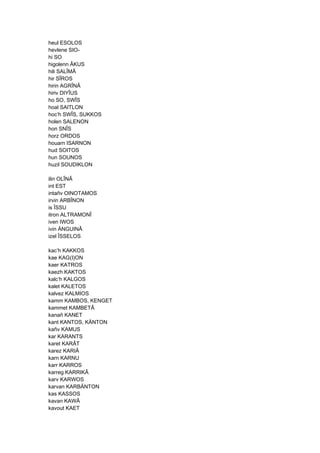 heul ESOLOS
hevlene SIO-
hi SO
higolenn ÂKUS
hili SALÎMÂ
hir SÎROS
hirin AGRÎNÂ
hiriv DIYÎUS
ho SO, SWÎS
hoal SAITLON
hoc’h SWÎS, SUKKOS
holen SALENON
hon SNÎS
horz ORDOS
houarn ISARNON
hud SOITOS
hun SOUNOS
huzil SOUDIKLON
ilin OLÎNÂ
int EST
intañv OINOTAMOS
irvin ARBÎNON
is ÎSSU
itron ALTRAMONÎ
iven IWOS
ivin ÄNGUINÂ
izel ÎSSELOS
kac’h KAKKOS
kae KAG(I)ON
kaer KATROS
kaezh KAKTOS
kalc’h KALGOS
kalet KALETOS
kalvez KALMIOS
kamm KAMBOS, KENGET
kammet KAMBETÂ
kanañ KANET
kant KANTOS, KÄNTON
kañv KAMUS
kar KARANTS
karet KARÂT
karez KARIÂ
karn KARNU
karr KARROS
karreg KARRIKÂ
karv KARWOS
karvan KARBÄNTON
kas KASSOS
kavan KAWÂ
kavout KAET
 