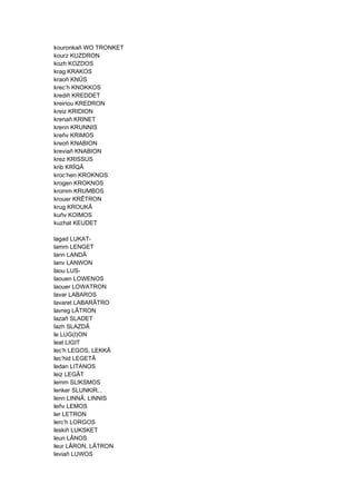 kouronkañ WO TRONKET
kourz KUZDRON
kozh KOZDOS
krag KRAKOS
kraoñ KNÛS
krec’h KNOKKOS
krediñ KREDDET
kreiriou KREDRON
kreiz KRIDION
krenañ KRINET
krenn KRUNNIS
kreñv KRIMOS
kreoñ KNABION
kreviañ KNABION
krez KRISSUS
krib KRÎQÂ
kroc’hen KROKNOS
krogen KROKNOS
kromm KRUMBOS
krouer KRÊTRON
krug KROUKÂ
kuñv KOIMOS
kuzhat KEUDET
lagad LUKAT-
lamm LENGET
lann LANDÂ
lanv LANWON
laou LUS-
laouen LOWENOS
laouer LOWATRON
lavar LABAROS
lavaret LABARÂTRO
lavreg LÂTRON
lazañ SLADET
lazh SLAZDÂ
le LUG(I)ON
leat LIGIT
lec’h LEGOS, LEKKÂ
lec’hid LEGETÂ
ledan LITANOS
leiz LEGÂT
lemm SLIKSMOS
lenker SLUNKIR...
lenn LINNÂ, LINNIS
leñv LEMOS
ler LETRON
lerc’h LORGOS
leskiñ LUKSKET
leun LÂNOS
leur LÂRON, LÂTRON
leviañ LUWOS
 