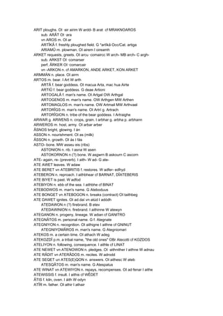ARIT ploughs. OI ·air airim W ardd- B arat cf MRAKNOAROS
sub. ARÂT OI ·ara
vn AROS m. OI ar
ARTÎKÂ f. freshly ploughed field. G *artîkâ Occ/Cat. artiga
ARIAMÛ m. plowman. OI airem I oireamh
ARKET requests, greets. OI arcu ·comaircc W arch- MB arch- C argh-
sub. ARKST OI ·comarser
perf. ÂRKER OI ·comarcair
vn -ARKON n. cf AMARKON, ANDE ARKET, KON ARKET
ARMMÄN n. place. OI airm
ARTOS m. bear. I Art W arth
ARTÂ f. bear goddess. OI macua Arta, mac hua Airte
ARTIÛ f. bear goddess. G deae Artioni
ARTOGALÂ f. man's name. OI Artgal OW Arthgal
ARTOGENOS m. man's name. OW Arthgen MW Arthen
ARTOMAGLOS m. man's name. OW Artmail MW Arthvael
ARTORÎGS m. man's name. OI Artrí g. Artrach
ARTORÎGION n. tribe of the bear goddess. I Artraighe
ARWAR g. ARWENS n. crops, grain. I arbhar g. arbha p. arbhann
ARWEROS m. host, army. OI arbar arber
ÂSNOS bright, glowing. I án
ASSON n. nourishment. OI as (milk)
ÂSSON n. growth. OI ás I fás
ASTO- bone. MW asseu eis (ribs)
ASTONION n. rib. I asna W asen
ASTOKORNON n (?) bone. W asgwrn B askourn C ascorn
ATE- again, re- (preverb). I aith- W ad- G ate-
ATE AWET leaves. W adaw
ATE BERET vn ATEBRITIS f. restores. W adfer- edfryd
ATEBERON n. reproach. I aithbhear cf BARNAT, DÎATEBERIS
ATE BIYET is past. W adfod
ATEBIYON n. ebb of the sea. I aithbhe cf BINAT
ATEBODWOS m. man's name. G Ateboduus
ATE BONGET vn ATEBOGON n. breaks (contract) OI taithbeg
ATE DAWET ignites. OI ad.daí vn atúd I adódh
ATEDAWON n (?) firebrand. B etev
ATEDAWINION n. firebrand. I aithinne W atewyn
ATEGANON n. progeny, lineage. W adian cf GANITRO
ATEGNÂTOS m. personal name. G f. Ategnate
ATEGNIYON n. recognition. OI aithigne I aithne cf GNINUT
ATEGNIYOMÂROS m. man's name. G Ategniomari
ATEKOS m. a certain time. OI athach W adeg
ATEKOZDÎ p.m. a tribal name, "the old ones" OBr Atecotti cf KOZDOS
ATELIYON n. following, consequence. I aithle cf LINAT
ATE NEWET vn ATENOWON n. pledges. OI ·aithnither I aithne W adnau
ATE RÂDIT vn ATERÂDOS m. recites. W adrodd
ATE SEQET un ATES(E)QON n. answers. OI aithesc W ateb
ATESQÂTOS m. man's name. G Atespatus
ATE WINAT vn ATEWIYON n. repays, recompenses. OI ad·fenar I aithe
ATEWISSIS f. insult. I aithis cf WÊDET
ÂTIS f. kiln, oven. I áith W odyn
ATÎR m. father. OI athir I athair
 