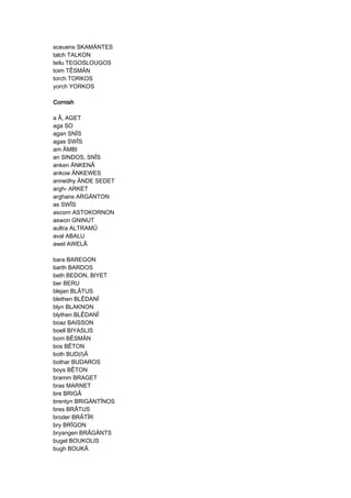 sceuens SKAMÄNTES
talch TALKON
teilu TEGOSLOUGOS
toim TÊSMÄN
torch TORKOS
yorch YORKOS
CornishCornishCornishCornish
a Â, AGET
aga SO
agan SNÎS
agas SWÎS
am ÄMBI
an SINDOS, SNÎS
anken ÄNKENÂ
ankow ÄNKEWES
annedhy ÄNDE SEDET
argh- ARKET
arghans ARGÄNTON
as SWÎS
ascorn ASTOKORNON
aswon GNINUT
aultra ALTRAMÛ
aval ABALU
awel AWELÂ
bara BAREGON
barth BARDOS
beth BEDON, BIYET
ber BERU
blejan BLÂTUS
blethen BLÊDANÎ
blyn BLAKNON
blythen BLÊDANÎ
boaz BAISSON
boell BIYASLIS
bom BÊSMÄN
bos BÊTON
both BUD(I)Â
bothar BUDAROS
boys BÊTON
bramm BRAGET
bras MARNET
bre BRIGÂ
brentyn BRIGÄNTÎNOS
bres BRÂTUS
broder BRÂTÎR
bry BRÎGON
bryangen BRÂGÄNTS
bugel BOUKOLIS
bugh BOUKÂ
 