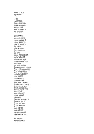 ethen ETNOS
eyll ALIOS
-f ME
-fa MAGOS
feljan SKOLTON
fesky SFUDSKET
frau SRAWÂ
freth SFRAKTOS
frig SREGOS
gans KÄNTÂ
ganow GENUS
gavel GABAGLÂ
gaver GABROS
gew WOGAISOS
-gh SWÎS
gleb WLIQUS
glow GOGLOS
go- WO
gober WOQROYON
golhy WOLKET
gon WINDETRO
gones WOGNÎTUS
gor- WER
gor WINDETRO
gordheby WRIT SEQET
gorfen WERQENNON
goth- WINDETRO
gothaf WO DAMET
gour WIROS
goys WAITO-
grow GRAWÂ
gruk WER U(N)KET
guartha WERTAMOS
guely WOLEGION
gueres WORETON
gueyth WIDU
gura WRAGET
gurek WRAKÎ
gwa- WO
gwaneth WONIKTOS
gwas WOSTOS
gwels GELTON
gweth WEKTIS
gwis WETSÎ
gwia WEGET
gwrah WRAKKÂ
gwyns WENTOS
haf SAMOS
hanow ANMÄN
 