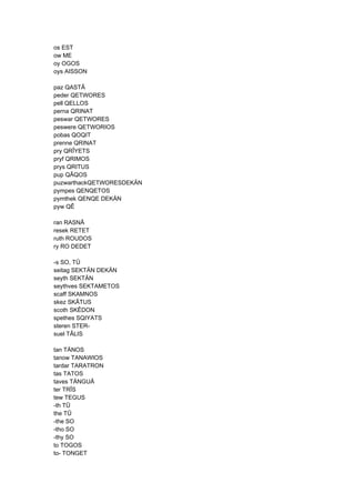 os EST
ow ME
oy OGOS
oys AISSON
paz QASTÂ
peder QETWORES
pell QELLOS
perna QRINAT
peswar QETWORES
peswere QETWORIOS
pobas QOQIT
prenne QRINAT
pry QRÎYETS
pryf QRIMOS
prys QRITUS
pup QÂQOS
puzwarthackQETWORESDEKÄN
pympes QENQETOS
pymthek QENQE DEKÄN
pyw QÊ
ran RASNÂ
resek RETET
ruth ROUDOS
ry RO DEDET
-s SO, TÛ
seitag SEKTÄN DEKÄN
seyth SEKTÄN
seythves SEKTAMETOS
scaff SKAMNOS
skez SKÂTUS
scoth SKÊDON
spethes SQIYATS
steren STER-
suel TÂLIS
tan TÄNOS
tanow TANAWIOS
tardar TARATRON
tas TATOS
taves TÄNGUÂ
ter TRÎS
tew TEGUS
-th TÛ
the TÛ
-the SO
-tho SO
-thy SO
to TOGOS
to- TONGET
 