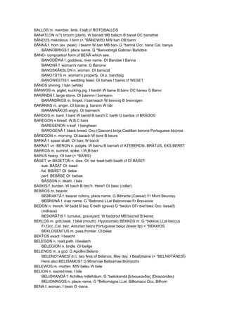 BALLOS m. member, limb. I ball cf ROTOBALLOS
BANATLON n(?) broom (plant). W banadl MB balazn B banal OC banathel
BÄNDUS melodious. I binn (< *BÄNDWIS) MW ban OB bann
BÄNNÂ f. horn (ev. peak). I beann W ban MB ban- G *bannâ Occ. bana Cat. banya
BÄNNOBRIGS f. place name. G *Bannobrigá Galician Bañobre
BANO- composition form of BENÂ which see.
BANODÊWÂ f. goddess, river name. OI Bandae I Banna
BANONÂ f. woman's name. G Banona
BANOSKÂKSLON n. woman. OI banscál
BANOTÛTS m. woman's property. OI p. bandtaig
BANOWESTIS f. wedding feast. OI banais I bainis cf WESET
BÂNOS shining. I bán (white)
BANWOS m. piglet, sucking pig. I banbh W banw B banv OC baneu G Banvi
BARÄNDÂ f. large stone. OI bairenn I boireann
BARÄNDÎKOS m. limpet. I bairneach W brennig B brennigen
BARÄNNS m. anger. OI barae g. barann W bâr
BARÄNNÂKOS angry. OI bairnech
BARDOS m. bard. I bard W bardd B barzh C barth G bardos cf BRÂDOS
BAREGON n bread. W,B,C bara
BAREGENON n loaf. I bairghean
BAROGENÂ f. black bread. Occ.(Gascon) bròja Castilian borona Portuguese b(o)roa
BÂREGON n. morning. OI barach W bore B beure
BARKÂ f. spear shaft. OI barc W barch
BARNAT vn -BERON n. judges. W barnu B barnañ cf ATEBERON, BRÂTUS, EKS BERET
BARROS m. summit, spike. I,W,B barr
BARUS heavy. OI bair (< *BARIS)
BÂSET vn BÂSETON n. dies. OI ·ba ·baat bath baath cf DÎ BÂSET
sub. BÂSÂT OI ·baad
fut. BIBÂST OI ·beba
perf. BEBÂSE OI ·bebae
BÂSSON n. death. I bás
BASKIS f. burden. W baich B bec'h. Here? OI basc (collar)
BEBROS m. beaver.
BEBRAKTÂ f. beaver colony, place name. G Bibracte (Caesar) Fr Mont Beuvrey
BEBRONÂ f. river name. G *Bebroná LLat Bebronnae Fr Brevenne
BEDON n. trench. W bedd B bez C beth (grave) G *bedon OFr bief biez Occ. besa(l)
(millrace)
BEDORÂTIS f. tumulus, graveyard. W beddrod MB bezred B bered
BEKLOS m. gob,beak. I béal (mouth). Hypocoristic BEKKOS m. G *bekkos LLat beccus
Fr,Occ.,Cat. bec. Asturian beizo Portuguese beiço (lower lip) < *BEKKIOS
BEKLOSENTUS m. pass,frontier. OI bélat
BEKTOS exact. I beacht
BELEGON n. road,path. I bealach
BELEGION n. bridle. OI beilge
BELENOS m. a god. G Apollini Beleno
BELENOTÄNESÎ d.n. two fires of Belenos, May day. I Beal(l)taine (< *BELNOTÄNESÎ)
Here also BELISAMOS? G Minervae Belisamae Βηληsαmι
BELEWOS m. marten. MW beleu W bele
BELION n. sacred tree. I bile
BELIOKANDÂ f. Achillea millefolium. G *beliokandá βελιouκανδας (Dioscorides)
BELIOMAGOS n. place name. G *Beliomagos LLat. Billiomaco Occ. Bilhom
BENA f. woman. I bean G -bena
 
