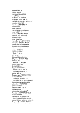 nantus NÄNTUS
*naudâ NOUDÂ
naumetos NEUMETOS
nava NÂWÂ
neððamon NETSAMOS
Νεμετακον NEMETÂKON
*Nemetoduron NEMETO-DURON
nemeton NEMETON
Nemetonae NEMETONÂ
Nerii NERIOS
Nerio NERIOS
*Neriomagos NERIOMAGOS
nerto- NERTON
Nertomari NERTOMÂROS
Nertovali NERTOWALOS
nevio- NEWIOS
novio - NEWIOS
Νοουιοδουνον NEWIODÛNON
Νουιομαγος NEWIOMAGOΣ
Noviodunum NEWIODÛNON
Noviomago NEWIOMAGOS
odocos ODOKOS
Ogmios OGMIOS
Ogroni.. UGROS
olca OLKÂ
Ollodag(i) OLLODAGOS
Ollognatus OLLOGNÂTOS
ollon OLLOS
Olloviconis OLLOWIKS
*opolos OQOLOS
Orbius ORBIOS
Orgetius ORGETIOS
Orgetorix ORGETORÎGS
Ουαραγροι WERAGRO-
ουατεις WÂTIS
Ουηβρομαρος WEBRUMÂROS
ουεληδα WELÎTS
Ουενιτοουτα WENITEUTÂ
Ουερετεμαρεουι WORETO-MÂROS
Ουινδομαγος WINDOMAGOS
oxtumetos OKTÛMETOS
*parios QARIOS
pelign(on) QELLIGNOS
pempe QENQE
*pempedola QENQEDOLÂ
Pennelocos QENNONLOKOUS
penno- QENNON
*Pennobrigâ QENNOBRIGS
Pennolocus QENNONLOKOUS
*pennon lokous QENNON LOKOUS
Πεννοουινδος QENNO-WINDOS
 