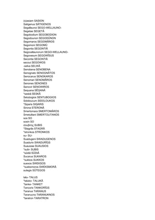 (s)asiam SASION
Satigenus SÂTIGENOS
Segallaunoi SEGO-WELLAUNO-
Segetae SEGETÂ
Segobodium SEGOBODION
Segodounon SEGODÛNON
Segomaros SEGOMÂROS
Segomoni SEGOMÛ
Segontia SEGONTIÂ
Segovellaunorum SEGO-WELLAUNO-
Segovesum SEGOWÎSUS
Secontia SEGONTIÂ
secoui SEGOWOS
-selva SELWÂ
Senobena SENOBENA
Senognato SENOGNÂTOS
Senocarus SENOKAROS
Senomari SENOMÂROS
Senones SENONES
Senovir SENOWIROS
Sequana SÊQANÂ
*seskâ SESKÂ
Setubogios SENTUBOGIOS
Sidoloucum SIDOLOUKOS
*Siparis SIQARIS
Sirona STERONÂ
Smertomara SMERTOMÂROS
Smetulitani SMERTOLITANOS
sos SO
sosin SO
σουβιτης SUBIS
*Stagrâs STAGRÂ
*stronkos STRONKOS
su- SU-
Suadugeni SWADUGENOS
Suadurix SWADURÎGS
Suausiae SUAUSIOS
*subi- SUBIS
*sûdiâ SÛDIÂ
Sucarus SUKAROS
*sukkos SUKKOS
suexos SWEKSOS
*sueksmoros SWEKSMORÂ
sutegis SÛTEGOS
talu- TALUS
*taluko- TALUKÂ
*tanke- TANKET
Tancorix TANKORÎGS
Taranus TARANUS
Taranucno TARANUKNOS
*taratron TARATRON
 