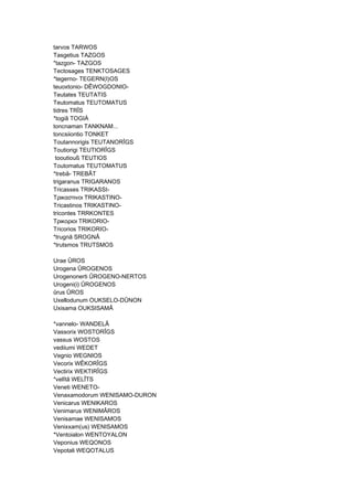 tarvos TARWOS
Tasgetius TAZGOS
*tazgon- TAZGOS
Tectosages TENKTOSAGES
*tegerno- TEGERN(I)OS
teuoxtonio- DÊWOGDONIO-
Teutates TEUTATIS
Teutomatus TEUTOMATUS
tidres TRÎS
*togiâ TOGIÀ
toncnaman TANKNAM...
toncsiiontio TONKET
Toutannorigis TEUTANORÎGS
Toutiorigi TEUTIORÎGS
tooutiouß TEUTIOS
Toutomatus TEUTOMATUS
*trebâ- TREBÂT
trigaranus TRIGARANOS
Tricasses TRIKASSI-
Τρικαστινοι TRIKASTINO-
Tricastinos TRIKASTINO-
tricontes TRRKONTES
Τρικοριοι TRIKORIO-
Tricorios TRIKORIO-
*trugnâ SROGNÂ
*trutsmos TRUTSMOS
Urae ÛROS
Urogena ÛROGENOS
Urogenonerti ÛROGENO-NERTOS
Urogeni(i) ÛROGENOS
ûrus ÛROS
Uxellodunum OUKSELO-DÛNON
Uxisama OUKSISAMÂ
*vannelo- WANDELÂ
Vassorix WOSTORÎGS
vassus WOSTOS
vediiumi WEDET
Vegnio WEGNIOS
Vecorix WÊKORÎGS
Vectirix WEKTIRÎGS
*velîtâ WELÎTS
Veneti WENETO-
Venaxamodorum WENISAMO-DURON
Venicarus WENIKAROS
Venimarus WENIMÂROS
Venisamae WENISAMOS
Venixxam(us) WENISAMOS
*Ventoialon WENTOYALON
Veponius WEQONOS
Vepotali WEQOTALUS
 