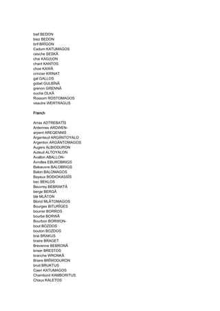 bief BEDON
biez BEDON
brif BRÎGON
Cadum KATUMAGOS
cesche SESKÂ
chai KAG(I)ON
chant KANTOS
choe KAWÂ
crincier KRINAT
gal GALLOS
gobet GULBÎNÂ
grenon GRENNÂ
ouche OLKÂ
Rossom ROSTOMAGOS
veautre WERTRAGUS
FrenchFrenchFrenchFrench
Arras ADTREBATÎS
Ardennes ARDWEN-
arpent AREQENNIS
Argenteuil ARGÄNTOYALO
Argenton ARGÄNTOMAGOS
Augers ALBIODURON
Auteuil ALTOYALON
Avallon ABALLON-
Avrolles EBUROBRIGS
Baloeuvre BALOBRIGS
Balon BALOMAGOS
Bayeux BODIOKASSÎS
bec BEKLOS
Beuvrey BEBRAKTÂ
berge BERGÂ
blé MLÂTON
Blond MLÂTOMAGOS
Bourges BITURÎGES
bourrer BORROS
bourbe BORWÂ
Bourbon BORWON-
bout BOZDOS
bouton BOZDOS
brai BRAKUS
braire BRAGET
Brevenne BEBRONÂ
briser BRESTOS
branche WRONKÂ
Briare BRÎWODURON
bruit BRUKTUS
Caen KATUMAGOS
Chambord KAMBORITUS
Chaux KALETOS
 