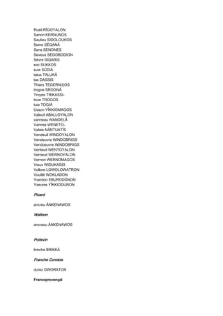 Rueil RÎGOYALON
Sanon KERNUNOS
Saulieu SIDOLOUKOS
Seine SÊQANÂ
Sens SENONES
Seveux SEGOBODION
Sèvre SIQARIS
soc SUKKOS
suie SÛDIÂ
talus TALUKÂ
tas DASSIS
Thiers TEGERN(I)OS
trogne SROGNÂ
Troyes TRIKASSI-
truie TROGOS
tuie TOGIÂ
Usson YÎKKIOMAGOS
Valeuil ABALLOYALON
vanneau WANDELÂ
Vannes WENETO-
Valais NÄNTUATÎS
Vendeuil WINDOYALON
Vendeuvre WINDOBRIGS
Vendoeuvre WINDOBRIGS
Venteuil WENTOYALON
Verneuil WERNOYALON
Vernon WERNOMAGOS
Vieux WIDUKASSI-
Vollore LOWOLOWATRON
Vouillé WOKLADON
Yverdon EBURODÛNON
Yzeures YÎKKIODURON
PicardPicardPicardPicard
ancreu ÄNKENAWOS
WalloonWalloonWalloonWalloon
ancraou ÄNKENAWOS
PoitevinPoitevinPoitevinPoitevin
breche BRIKKÂ
Franche ComtoisFranche ComtoisFranche ComtoisFranche Comtois
durez DWORATON
FrancoprovençalFrancoprovençalFrancoprovençalFrancoprovençal
 