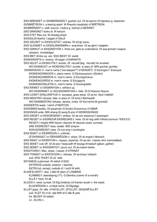 EKS BRENDET vn EKSBRÄNSSIÛ f. gushes out. OI do·eprinn OI tepresiu g. teipersen
EKSBRÊTRON n. a tearing apart. W ffrwydro (explode) cf BRÊTRON
EKSBRÎWÄNT n. well, source. I tiobra g. tiobrad cf BERWET
EKS DRIKSKET looks at. W edrych
EKS ETET flies out. W ehedeg ehed-
EKSGALIS fearful. I eagail cf GALÂ
EKS GEUSET vn EKSGUSTIÛ f. wishes. OI ad·go aicsu
EKS GLENDET vn EKSGLÄNSSMÄN n. examines. OI as·glinn I eaglaim
EKS GNINUT vn EKSGNOYON n. finds out, gets to understand. OI asa·gninain I eagna
(wisdom, knowledge)
EKS IBET drinks up. aor. EKS IBEST OI ·essib
EKSKARANTS m. enemy. W esgar cf KARANTS
EKS KELET vn EKSKLITIS f. avoids. OI ·reccell (leg. ·reccelt) he avoided
WO EKSKELET vn WOEKSKLITIS f. avoids, is wary of. MW gochel- gochlyt
EKSKENGOS m. man's name ("out-stepper"? cf KENGET) G Escingos f. Εσκεγγαι
EKSKENGOMAGOS n. place name. G Εξσκιγγομαγον (Strabo)
EKSKENGOMÂROS m. man's name. G Excingomarus
EKSKENGORÎGS m. man's name. G Esciggorix
EKSKENGOWLATIS m. man's name. G Escengolatis
EKS KRINET vn EKSKRIYON n. withers up.
WO EKSKRINET vn W(O)EKSKRIYON n. fails. OI fo·feiscren feiscre
EKS LUWET EKSLUWETUS m. escapes, goes away. OI as·lui élud I éalódh
EKS MEDITRO refuses, fails, is wary of. OI emid I féimheadh
WO EKSMEDITRO refuses, denies, omits. OI fo(r)·émid W gomedd
EKSNERTIS weak. I éinirt cf NERTON
EKSOBNIS fearles. OI essamain G Exobni Exsomnus cf OBNÂ
EKSONGIS wide. MW ehang W eang B enk cf WEREKSONGIS
EES ORGET vn EKSORGENÂ f. strikes. OI as·oirc essarcon I easargain
EKS REGET vn EKSREGIÂ EKSREGNIS f. rises. OI at·roig (with infixed pronoun *EKS D E
REGET) I éirghe MW dwyre- dwyrein W dwyrain (east, sunrise)
ARE EKSREGET rises, exalts. MW arwyre-
KON EKSREGET rises. OI con·erig I coméirghe
EKS RIGET vn EKSRÊGON n. unbinds.
DÎ EKSRIGET vn DÎEKSRÊGON n. strips. OI do·erged I déarach
EKS RINAT vn EKSRIYON n. repays, expends. OI as·ren. I éaraic éiric (remodelled)
EKS SEKET cuts off. OI do·esc I teascadh W twysgo B teskañ (glean, gather)
EKS SEMET vn EKSSÄNTIÛ f. pours out. OI do·esaim teistiu
EKSSTORIS f. litter, straw. I easair cf STRINÂT
EKS TONGET vn EKSTEGON n. refuses. OI as·toing I eiteach
sub. EKS TEKST OI s2 ·ettis
EKTAMOS outermost. W eithaf cf EKS
EKTEROS outside, exterior. I eachtar
EKTRI but, except, outside of. I acht W eithr
ELANÎ ELÄNTÎ r. doe. I eilid W elain cf LOMBINÂ
ELÄMBIÛ f. deerslaying (??). G Elembiu (name of a month)
ELLÂ f. herd. OI ell
ELGOS n. west, sunset. OI Elg (Irelana) (cf Iranian arzah n. the west)
ELGORÎGION n. a tribal name. OI Elgraige
ELLÂT goes. OI ·ella cf AD ELLÂT, DÎ ELLÂT, SEQOMÎ ELLÂT
sub. ELÂT OI ro·lá ·rala MW el C ello B yelo
fut. IBLÂST OI eblaid
vn. -ELON n.
 