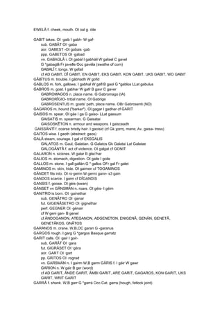 EWELÂ f. cheek, mouth. OI oal g. óile
GABIT takes. OI ·gaib I gabh- W gaf-
sub. GABÂT OI ·gaba
aor. GABEST -OI gabais ·gab
ppp. GABETOS OI ·gabad
vn. GABAGLÂ i. OI gabál I gabháil W gafael C gavel
G *gabaglâ Fr javelle Occ gavèla (swathe of corn)
GABALÎ f. tongs. W gefail
cf AD GABIT, DÎ GABIT, EN GABIT, EKS GABIT, KON GABIT, UKS GABIT, WO GABIT
GÂBÎTUS m. trouble. I gábhadh W gofid
GABLOS m. fork, gallows. I gabhal W gafl B gaol G *gablos LLat gabulus
GABROS m. goat. I gabhar W gafr B gavr C gaver
GABROMAGOS n. place name. G Gabromago (IA)
GABRORÎGIO- tribal name. OI Gabrige
GABROSENTUS m. goats' path, place name. OBr Gabrosenti (ND)
GAGAROS m. hound ("barker"). OI gagar I gadhar cf GARIT
GAISOS m. spear. OI gáe I ga G gaiso- LLat gaesum
GAISATIS m. spearman. G Gaisatai
GAISOSKÊTON n. armour and weapons. I gaisceadh
GAISSÄNTÎ f. coarse bristly hair. I gaoisid (cf Gk χαιτη, mane; Av. gaisa- tress)
GAITOS wise. I gaoth (abstract: gaos)
GALÂ steam, courage. I gal cf EKSGALIS
GALATOS m. Gaul, Galatian. G Galatos Gk Galatai Lat Galatae
GALOGÄNTÂ f. act of violence. OI galgat cf GONIT
GALARON n. sicknes. W galar B glac'har
GALIOS m. stomach, digestion. OI gaile I goile
GALLOS m. stone. I gall gallán G * gallos OFr gal Fr galet
GAMINOS m. skin, hide. OI gaimen cf TOGAMINOS
GÄNDET fits into. OI ro·geinn W genni gann- s3 gain
GANDOS scarce. I gann cf DÎGANDIS
GANSIS f. goose. OI géis (swan)
GÄNSET vn GÄNSMÄN n. roars. OI géis- I géim
GANITRO is born. OI ·gainethar
sub. GENÂTRO OI ·genar
fut. GIGENÂSETRO OI ·gignethar
perf. GEGNER OI ·génair
cf W geni gan- B genel
cf ÄNDOGANON, ATEGANON, ADGENETON, ENIGENÂ, GENÄN, GENETÂ,
GENETÂKOS, GNÂTOS
GARANOS m. crane. W,B,OC garan G -garanus
GARGOS rough. I garg G *gargos Basque garratz
GARIT calls. OI ·gair I goir-
sub. GARÂT OI ·gara
fut. GIGRÂSET OI ·géra
aor. GART OI ·gart
pp. GRITOS OI ·rograd
vn. GARSMÄN n. I gairm W,B garm GÂRIS f. I gáir W gawr
GARION n. W gair B ger (word)
cf AD GARIT, ÄNDE GARIT, ÄMBI GARIT, ARE GARIT, GAGAROS, KON GARIT, UKS
GARIT, WRIT GARIT
GARRÂ f. shank. W,B garr G *garrá Occ.Cat. garra (hough, fetlock joint)
 
