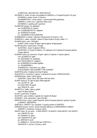 cf GÊSTLOS, UKS GISTLÂT, WER GISTLÂT
GIYAMOS m. winter. OI gam (remodelled on SAMOS q.v.) W gaeaf B goañv OC goyf
GIYAMON- a winter month. G Giamon-
GIYAMORÂTON n. winter season. I geimhreadh MW gaeafrawd
GIMRON n. winter corn. I geamhar (early crop)
GIYAMNIS m. yearling calf. I gamhain
GLÂDETRO speaks. OI ·gládathar
sub. GLÂDÂTRO OI ·arladur
aor. GLÂDESSETRO OI ·raglastar
pp. GLÂSSOS OI acailsi
vn. -GLÂDEMÂ cf AD GLÂDETRO
GLÄMBUKOS m. lobster. I gliomach SG giomach W cimwch (< OI)
GLÄNDOS n. valley, riverside. I gleann W glan B glann W glyn (valley < I)
GLANOS clean, pure. I,W,B glan
GLANÎ f. jewel, crystal. OI glain I gloine (glass) W glain(jewel)
GLASTOS green. greeny-blue. I,W glas
GLASTON n. woad. G glastum (Pliny)
GLASTINÂ f. (1) woad (2) bilberry. (1) I glaisean (2) G *glassinâ Veronese giásine
Friulian glázinis
GLENDET picks out, examines. OI·glinn ·gleinn G *glende- Fr glaner (glean)
sub. GLENSST OI ·gléis
fut. GIGLÄNSST OI ·derglastar
perf. GEGLONDE OI ·roeglaind
pp. GLÄNSSOS OI ecailse fogailse
vn. -GLÄNSSMÄN n.
GLENSSUS m. instrument, rig. I gléas
cf DÎ GLENDET, EKS GLENDET, WO GLENDET
GLÊSTIOS pretty. OI gléise (shining) W glwys
GLEUSTUS m. movement. I gluais- vn gluasacht (moves) cf RENTUGLUSÛ
GLÊWOS clear, bright. I glé W gloyw
GLÊWON n. place name. OBr Glevi OW Cair Gloiu
GLINAT sticks to. OI ·glen W glynu MB englenaff
sub. GLIYÂT OI · glie
fut. GIGLIYÂST OI giulait
perf. GEGLE OI · gíuil
GLIWOTS m. battle. I gleo g. gliadh
Here? W glew (brave)
GLIYÂ f. green lawn. W gledd
GLOITON n. glue, birdlime. I glaodh (for *glaoth) W,B glud
GLÛNON n. knee, generation. I glún W,B glin
GNÂTOS known, usual. I gnáth (abstract: gnás) W gnawd (abstract: gnaws) G gnato-
cf GNINUT, AREGNÂTIS
GNÂTOS m. GNÂTÂ f. son, daughter. G gnatus gnatha cf GANITRO
GNÂWOS obvious, known. OI gnó (shapely) MB gnou cf AREGNÂWOS, GNINUT
GNÂWIÂ f. comeliness. OI gnoe I gnaoi
GNIYET does. OI ·gní gniid cf ARE GNIYET, DÎ GNIYET, KON GNIYET, WO GNIYET
sub. GNIYÂT OI ·gné
fut. GIGNÂST OI ·géna
perf. GEGNOYE OI ·géni
pp. GNÎTOS OI ·gníth
vn. GNÎMUS m. I gníomh MW gnif -GNÎTUS m.
GNIYENTS m. servant. OI gnia p. gniitt
 