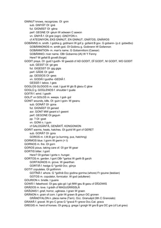 GNINUT knows, recognizes. OI ·gnin
sub. GNIYÂT OI ·gné
fut. GIGNÂST OI ·géna
perf. GEGNE OI ·géuin W adwaen C aswon
vn. GNIYÂ f. OI gné (sign) -GNOYON n.
cf ATEGNIYON, EKS GNINUT, EN GNINUT, GNÂTOS, GNÂWOS
GOBÄNNS m. smith. I gobha g. gobhann W gof p. gofaint B gov. G gobann- (p.d. gobedbo)
GOBÄNNONOS m. smith god. OI Goibniu g. Goibnenn W Gofannon
GOBÄNNITION- m. man's name. G Gobannitioni (Caesar)
GOBÄNNIO- river name. OBr Gobannio (IA) W Y Fenny
Here? W gefail B govell (forge)
GODIT prays. OI ·guid I guidh- W gweddi cf AD GODIT, DÎ GODIT, NI GODIT, WO GODIT
sub. GESST OI ·gé ges
fut. GIGESST OI ·gig gigis
perf. GÂDE OI ·gáid
pp. GESSOS OI ·gess
vn. GODIÂ I guidhe -GEDIÂ f.
GESSÂ f. taboo. I geis
GOGLOS GLOGOS m. coal. I gual W glo B glaou C glow
GOGLÛ g. GOGLENOS f. shoulder I guala
GOITÂ f. wind. I gaoth
GOLIT vn GOLOS m. weeps. I goil- gol
GONIT wounds, kills. OI ·guin I goin- W gwanu
sub. GONÂT OI ·gona
fut. GIGNÂST OI genaid
aor. GONT MW gwant s1 gweint
perf. GEGONE OI geguin
pp. ? OI ·goet
vn. GONI n. I guin
cf GALOGÄNTÂ, GENÄNTÎ, KONGONION
GORIT warms, heats, hatches. OI guirid W gori cf GERET
sub. GORÂT OI ·gora
GOROS m. I,W,B gor (a burning, pus, hatching)
GORMOS blue. I gorm W gwrm (< I)
GORNOS m. fire. OI gorn
GOROS pious, taking care of. OI gor W gwar
GORTIS bitter. I goirt
Here? OI gortae I gorta n. hunger.
GORTOS m. garden. I gort OBr *gartos W garth B garzh
GORTAGNOS m. grove. W gwarthan
GORTIÂ f. hedge G *gortiâ Occ. gòrça
GOTIT copulates. OI goithimm
GOTÎNÂ f. whore. G *gotînâ Occ godina gorrina (whore) Fr gouine (lesbian)
GOTOS m. copulator, fornicator. W god (adulterer)
GOURION n. bristle. I guaire
GOWÂ f. falsehood. OI gau gáo gó I gó MW geu B gaou cf DÎGOWIS
GRÂDOS m. love. I grádh cf MAGUGRÂSSLÂ
GRÂGNIS f. grief, horror, ugliness. I grain W graen
GRÂNON n. grain of corn. I grán W grawn B greun OC gronen
GRÂNOYALON n. place name (Tarn). Occ. Granuèjol (9th C Granoialo)
GRAWÂ f. gravel. W gro C grow G *gravá Fr greve Occ.Cat. grava
GREGIS m. herd of horses. OI graig g. grega I groigh W gre B gre OC gre (cf Lat grex)
 