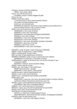 ITOS gone. OI ethae cf ERIITUS, MORIITUS
ITRON n. boat, vessel. I eathar
ITUS m. corn. I ioth W yd B ed C ys
ITULANDÂ f. rickyard. I iothlann (haggard) W ydlan
ÎTUS m. fat. I íoth
ÎWERIÛ f. the fat land, Ireland.
(1) AOI Érion OI Ériu g. Érenn I Éire W Iwerddon (Ireland)
The vocalism has been perturbed in Irish.
(2) OI íriu g. írenn (land,earth,soil)
ÎWERINOS Irish,tribal name. Og *Îwerno- Ιουερνοι (Ptolemy) Iuverna Hibernia Ιεrnη
Ιουερνια (Ireland) OI Érainn a. Érnu g. Érann d. Érnaib
IWOS m. yew. I eo W ywen B iven OC hiuin G ivo-
IWOBRANOS m. man's name. OI Éobran
IWODEKS m. man's name. Og Ivodacca
IWOGABLOS m. the shaman god. OI Éogabul cf EBURONOS
IWOGALÂ f. man's name. OI Éogal
IWOGENOS m. man's name. Og Ivageni AOI Eugen I Eoghan
IWOGUSTUS m. man's name. OI Éogus
IWOKATUS m. man's name. Og Ivacattos I Eochaidh g. Eochadha
IWOMAGOS m. place name. G Ivomagi
IWORÎGS m. man's name. G Ivorix
IWOTEGERNOS m. man's name. OI Éothigern
KABUROS m. hawk. OI caubar I cubhar (cf Germanic *HABUKAZ)
KÂDOS n. anger. W cawdd B keuz C cueth cf KASSIS
KADÛ m. barnacle goose. OI caud I cadhan
KAET has, holds. W cael caffael B kavour cf KAKTOS
KAERÂKS vr KAERÛKS f. sheep. OI cauru I caora W caer-iwrch (roebuck)
KAERÂKATIS p.m. tribal name. G Caeracatium (Tacitus)
KAGON KAGION n. hedge. W cae B kae G caio- LLat caii OFr chai (dam) Fr quai
(cf Germanic HAGO-)
KAGERON n. enclosure. W caer (city) B ker (village)
KAGNÂ f. surface, peel, film. W caen
KÂGNIS f. law. I cáin (Celtica 3.172) (cf OCS kaznï)
KÂGNÎT blames,censures. I cáineadh
KÂGNITIOS m. censor, blamer. I cáinte (satirist)
KAIKOS one-eyed. I caoch W coeg B koag OC cuic
KAILON n. omen. OI cél (< W) W coel B koal
KAINÎT mourns. I caoineadh W cwyno B keinañ cf AD KAINIT
KAIRÂ f. berry. I caor
KAIRÂTINOS m. rowan tree, man's name. Og Cairatini Carattinn I caorthann cárthann
caoirtheann cáirtheann B kerzhinenn (service tree, sorb < OI)
KAITON n. wood. I caoth (boghole) W coed B koad C coys CI kaito-
KAITOBRIGS f. place name. CI Καιτoβριξ (Ptolemy)
KAKKOS m. shit. I cac W cach B kac'h (cf Lat caccare)
KAKTOS m. captive, slave. OI cacht W caeth B kaezh OC caid cf KAET
KALDIS f. grove, wood. OI caill I coill W celli OC kelli
KALETOS hard. OI calad W caled B kalet
KALETO- p.m. tribal name. G Caleti (Caesar) Fr Chaux
KALETOBOLGOS m. sword of the Wind God, Excalibur. OI Caladbolg W Caledfwlch
KALGOS m. penis. W cal(a) B kalc'h C kal
KALGÂKOS m. man's name. OBr Calgacum (Tacitus)
 