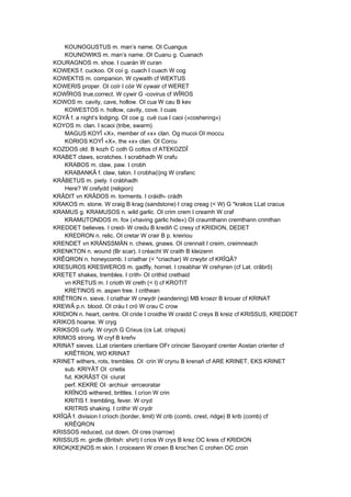KOUNOGUSTUS m. man’s name. OI Cuangus
KOUNOWIKS m. man’s name. OI Cuanu g. Cuanach
KOURAGNOS m. shoe. I cuarán W curan
KOWEKS f. cuckoo. OI coí g. cuach I cuach W cog
KOWEKTIS m. companion. W cywaith cf WEKTUS
KOWERIS proper. OI coïr I cóir W cywair cf WERET
KOWÎROS true,correct. W cywir G -covirus cf WÎROS
KOWOS m. cavity, cave, hollow. OI cua W cau B kev
KOWESTOS n. hollow, cavity, cove. I cuas
KOYÂ f. a night’s lodging. OI coe g. cuë cua I caoi («coshering»)
KOYOS m. clan. I scaoi (tribe, swarm)
MAGUS KOYÎ «X», member of «x» clan. Og mucoi OI moccu
KORIOS KOYÎ «X», the «x» clan. OI Corcu
KOZDOS old. B kozh C coth G cottos cf ATEKOZDÎ
KRABET claws, scratches. I scrabhadh W crafu
KRABOS m. claw, paw. I crobh
KRABANKÂ f. claw, talon. I crobha(i)ng W crafanc
KRÂBETUS m. piety. I crábhadh
Here? W crefydd (religion)
KRÂDIT vn KRÂDOS m. torments. I cráidh- crádh
KRAKOS m. stone. W craig B krag (sandstone) I crag creag (< W) G *krakos LLat cracus
KRAMUS g. KRAMUSOS n. wild garlic. OI crim crem I creamh W craf
KRAMUTONDOS m. fox («having garlic hide») OI craumthann cremthann crimthan
KREDDET believes. I creid- W credu B krediñ C cresy cf KRIDION, DEDET
KREDRON n. relic. OI cretar W crair B p. kreiriou
KRENDET vn KRÄNSSMÄN n. chews, gnaws. OI crennait I creim, creimneach
KRENKTON n. wound (Br scar). I créacht W craith B kleizenn
KRÊQRON n. honeycomb. I criathar (< *criachar) W crwybr cf KRÎQÂ?
KRESUROS KRESWEROS m. gadfly, hornet. I creabhar W crehyren (cf Lat. crâbrô)
KRETET shakes, trembles. I crith- OI crithid crethaid
vn KRETUS m. I crioth W creth (< I) cf KROTIT
KRETINOS m. aspen tree. I crithean
KRÊTRON n. sieve. I criathar W crwydr (wandering) MB kroezr B krouer cf KRINAT
KREWÂ p.n. blood. OI cráu I cró W crau C crow
KRIDION n. heart, centre. OI cride I croidhe W craidd C creys B kreiz cf KRISSUS, KREDDET
KRIKOS hoarse. W cryg
KRIKSOS curly. W crych G Crixus (cs Lat. crispus)
KRIMOS strong. W cryf B kreñv
KRINAT sieves. LLat crientare crientiare OFr crincier Savoyard crenter Aostan crienter cf
KRÊTRON, WO KRINAT
KRINET withers, rots, trembles. OI ·crin W crynu B krenañ cf ARE KRINET, EKS KRINET
sub. KRIYÂT OI ·crietis
fut. KIKRÂST OI ·ciurat
perf. KEKRE OI ·archiuir ·arrceoratar
KRÎNOS withered, brittles. I críon W crin
KRITIS f. trembling, fever. W cryd
KRITRIS shaking. I crithir W crydr
KRÎQÂ f. division I críoch (border, limit) W crib (comb, crest, ridge) B krib (comb) cf
KRÊQRON
KRISSOS reduced, cut down. OI cres (narrow)
KRISSUS m. girdle (British: shirt) I crios W crys B krez OC kreis cf KRIDION
KROK(KE)NOS m skin. I croiceann W croen B kroc’hen C crohen OC croin
 