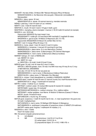 MANAWÎ f. the Isle of Man. OI Mana OBr *Manavô Monapia (Pliny) W Manaw
MANAWIYAGNOS m. the Manxman (the sea god). I Manannán (remodelled) W
Manawyddan
MÄNDON n. place, space. W man
MÄNDOSENTUS m. abode. OI mennat mennut g. mendato mennota
MÂNIS f. peat bog. I móin W mawn (cf Lat. mânâre)
MÄNTÎ f. size. I méid W maint B ment
MÄNTOS m. mouth. W mant I mant (< W gap in teeth, gum)
MANTRON n. trampling, what is trampled. I mannar (< W) W mathr B mantrañ (to trample)
MAQOS m. son. W,B mab
Hypocoristic MAQQOS Og maqi maqqi I mac
MAQQODAKTÎ f. nubile girl. OI maccdacht MW machteith C maghteth B matez
MAQONOS m. god of youth. W Mabon G Mapon(on) (EC 15.178)
Hypocoristic MAQQONOS OI Macan Óc (written Mac ind Oc)
MARGÂ f. marl. G marga (Pliny) B marg (< G)
MARKOS m. horse, steed. I marc W march C marh G marko-
MARKÂKOS m. horseman. I marcach W marchog B marc’heg
MARKODURON n. place name. G in vico Marcoduro (Tacitus)
MARKOMAGOS n. place name. G Marcomagus (TP) German Marmagen
MARKOMÂROS m. man’s name. G Marcomaro (Marcus Aurelius)
MARNET betrays. OI ·mairn cf MERELOS
sub. MERÂT OI ·mera
aor. MERT OI ·mert
vn. MRATON n. OI mrath I brath W brad C bras
MÂROS great. OI már I mór W mawr B,C meur G mâro-
MÂYÛS n. MÂYOS greater, more. OI máo I mó MW moe mwy W mwy B mui C moy
cf NEK MÂYOS, DIROMÂRIS
here also: OI móir W mor B mar (as great as)
MÂROBODWOS m. man’s name. G Maroboduus (Velleius Paterculus)
MÂROYALON n. place name. G *Mâroialon Occ Maruèjol
MARTOS m. corpse. I mart (slaughtered ox, mortality) cf MARWOS, MORÎNÂ
MARWOS dead. I marbh W marw B marv G *marvos (numb) Occ marfi Rumanian marv
MARWONATUS m. elegy. I marbhnadh W marwnad
MÂTÎR f. mother. I máthair G p.d. matrebo
MÂTRIQÎ f. mother’s sister. W modryb MB mozreb B moereb OC modereb
MÂTRITAMÂ f. queen bee. W modrydaf
MÂTRIWIOS MÂTROWIOS m. mother’s kinsman. OI p. máithre máthra
MÂTRONÂ f. mother goddess, river Marne. W Modron G Matrona (Caesar) Fr Marne
MÂTÂ f. thumb. W bawd B meud
MÂTORÊGON n. thumb ring. W modrwy
MATUS good, auspicious. I maith W mad B mat G mat..; m. bear (euphemism: the good one)
OI math I mathghamhain
MATUGENOS m. man’s name. OI Mathgen MW Madyein G Matugenus
MATUMARKOS m. soothsayer («requester of auspicious omen» cf ARKET) OI mathmarc
MATWÎT makes good, forgives. I maitheamh W maddau (< I)
MAZDIOS m. stick. I maide
Here? OI madan (club)
ME, first person singular personal pronoun.
N. not attested
A. ME (1) autonomous. I mé W mi C my B me
(2) verbal object. OI,W,C,B -m
(3) prepositional object. OI -m W,C -f MB -ff B -n
 