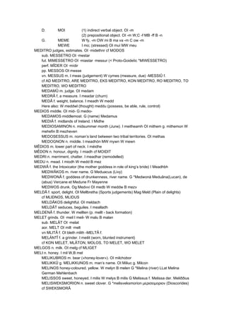 D. MOI (1) indirect verbal object. OI -m
(2) prepositional object. OI -m W,C -f MB -ff B -n
G. MEME W fy, -m OW mi B ma va -m C ow -m
MEWE I mo; (stressed) OI muí MW meu
MEDITRO judges, estimates. OI ·midethnr cf MODOS
sub. MESSETRO OI ·mestar
fut. MIMESSETRO OI ·miastar ·messur (< Proto-GoideIic *MIWESSETRO)
perf. MÎDER OI ·mídir
pp. MESSOS OI messe
vn. MESSUS m. I meas (judgement) W cymes (measure, due) -MESSIÛ f.
cf AD MEDITRO, ARE MEDITRO, EKS MEDITRO, KON MEDITRO, RO MEDITRO, TO
MEDITRO, WO MEDITRO
MEDAMÛ m. judge. OI medam
MEDRÂ f, a measure. I meadar (churn)
MEDÂ f. weight, balance. I meadh W medd
Here also: W meddwl (thought) meddu (possess, be able, rule, control)
MEDIOS middle. OI mid- G medio-
MEDAMOS middlemost. G (name) Medamus
MEDIÂ f. midlands of Ireland. I Midhe
MEDIOSAMINON n. midsummer month (June). I meitheamh OI mithem g. mithemon W
mehefin B mezheven
MEDOSESSUS m. noman’s land between two tribal territories. OI methas
MEDOGNON n. middle. I meadhón MW mywn W mewn
MÊDIOS m. lower part of neck. I méidhe
MÊDON n. honour, dignity. I miadh cf MOIDIT
MEDRI n. merriment, chatter. I meadhar (remodelled)
MEDU n. mead. I miodh W medd B mez
MEDWÂ f. the Intoxicator (the mother goddess in role of king’s bride) I Meadhbh
MEDWÂKOS m. river name. G Meduacus (Livy)
MEDWONÂ f. goddess of drunkenness, river name. G *Medwoná Meduâna(Lucan), de
(abus) Vercane et Medune Fr Mayenne
MEDWOS drunk. Og Medvvi OI medb W meddw B mezv
MELDÂ f. sport, delight. OI Mellbretha (Sports judgements) Mag Meld (Plain of delights)
cf MLIDNOS, MLIDUS
MELDÂKOS delightful. OI meldach
MELDÂT seduces, beguiles. I mealladh
MELDENÂ f. thunder. W mellten (p. mellt - back formation)
MELET grinds. OI ·meil I meil- W malu B malan
sub. MELÂT OI ·melat
aor. MELT OI milt ·melt
vn MLITÂ f. OI bleth mlith -MELTÂ f.
MELÄNTÎ f. a grinder. I meilit (worn, blunted instrument)
cf KON MELET, MLÂTON, MOLOS, TO MELET, WO MELET
MELGOS n. milk. OI melg cf MLIGET
MELI n. honey. I mil W,B mel
MELIKUBROS m. bear («honey-lover»). OI milchobor
MELIKKÛ g. MELIKKUNOS m. man’s name. OI Miliuc g. Milcon
MELINOS honey-coloured. yellow. W melyn B melen G *Melina (river) LLat Melina
German Mehlenbach
MELISSOS sweet, honeyed. I milis W melys B milis G Melissus f. Melissa der. Meliððius
MELISWEKSMORION n. sweet clover. G *melisveksmorion μερισειμoριoν (Dioscorides)
cf SWEKSMORÂ
 
