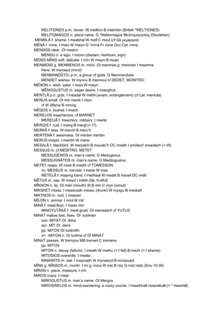 MELITIONES p.m. clover. W meillion B melchen (British *MELTIONES)
MELITOMAGOS n. place name. G *Melitomagos Μελιτoμαγησιoς (Diocletian)
MEMBLÂ f. shame. I meabhal W mefl C meul (cf Gk μεμφoμαι)
MÊNÂ f. mine. I mian W mwyn G *míná Fr mine Occ.Cat. mina
MENDOS clear. OI meann
MENDU n. a sign. I mionn (diadem, heirloom, sign)
MÊNIS MÎNIS soft, delicate. I mín W mwyn B moan
MENMENS g. MENMENOS m. mind. OI menmae g. menman I meanma
Here: W menwyd (mind)
MENMANDÛTO- p.m. a group of gods. G Menmandutis
MENDET wishes. W mynnu B mennout cf DEDET, MONITRO
MÊNON n. wish, sake. I mian W mwyn
MÊNOGUSTUS m. eager desire. I mianghus
MENTLÂ p.n. guts. I méadal W methl (snare, entanglement) (cf Lat. mentula)
MENUS small. OI min menb I mion
cf W difanw B minvig
MÊQOS n. bushel. I miach
MERELOS treacherous. cf MARNET
MERELIÂ f. treachery, robbery. I meirle
MERGIS f. rust. I meirg B mergl (< I?)
MERKÂ f. lass. W merch B merc’h
MERTENÂ f. weariness. OI merten mertan
MERUS insipid. I meirbh W merw
MESALÂ f. blackbird. W mwyalch B moualc’h OC moelh I smólach smaolach (< W)
MESSUS m. cf MEDITRO, METET
MESSUGENOS m. man’s name. G Medugenus
MESSUGNÂTOS m. man’s name. G Meddugnatus
METET reaps. W medi B mediñ cf TOMESSON
vn. MESSUS m. harvest. I meas W mes
METELÂ f. reaping band. I meitheal W medel B mevel OC midil
MÊTUS m. sap. W mwyd I méith (fat, fruitful)
MÎKNON n. lip. OI mén (mouth) W,B min C myn (snout)
MIKSKET mixes. I meascadh measc (drunk) W mysgu B meskañ
MIKTNOS m. root. I meacan
MÎLON n. animal. I míol W mil
MINÂ f. meal,flour. I mean min
MINOYUTÂKÂ f. meal gruel. OI menadach cf YUTUS
MINAT makes fast, fixes. OI ·tuidmen
sub. MIYÂT OI ·dime
aor. MÎT OI ·demi
pp. MITOS OI tuidmithi
vn. -MIYON n. OI tuidme cf DÎ MINAT
MINAT passes. W tremynu MB tremen C tremena
pp. MITOS
MITON n. decay (failure). I meath W methu (< I fail) B mezh (< I shame)
MITODIOS cowardly. I meata
MINAWITS m. awl. I meanadh W mynawyd B minaoued
MÎNS g. MÎNSOS m. month. I mí g. míos W mis B miz G mid midx (Eriu 10.39)
MÎRÄN n. piece, measure. I mír
MIROS crazy. I mear
MIROGUSTUS m. man’s name. OI Mergus
MIROSWELOS m. mind-wandering, a crazy course. I mearbhall mearathall (< * mearfall)
 