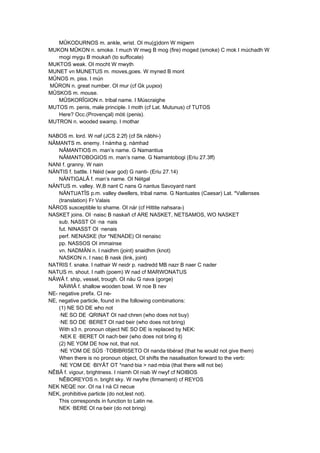MÛKODURNOS m. ankle, wrist. OI mu(g)dorn W migwrn
MUKON MÛKON n. smoke. I much W mwg B mog (fire) moged (smoke) C mok I múchadh W
mogi mygu B moukañ (to suffocate)
MUKTOS weak. OI mocht W mwyth
MUNET vn MUNETUS m. moves,goes. W myned B mont
MÛNOS m. piss. I mún
MÛRON n. great number. OI mur (cf Gk μυριοι)
MÛSKOS m. mouse.
MÛSKORÎGION n. tribal name. I Múscraighe
MUTOS m. penis, male principle. I moth (cf Lat. Mutunus) cf TUTOS
Here? Occ.(Provençal) mòti (penis).
MUTRON n. wooded swamp. I mothar
NABOS m. lord. W naf (JCS 2.2f) (cf Sk nâbhi-)
NÂMANTS m. enemy. I námha g. námhad
NÂMANTIOS m. man’s name. G Namantius
NÂMANTOBOGIOS m. man’s name. G Namantobogi (Eriu 27.3ff)
NANI f. granny. W nain
NÄNTIS f. battle. I Néid (war god) G nanti- (Eriu 27.14)
NÄNTIGALÂ f. man’s name. OI Nétgal
NÄNTUS m. valley. W,B nant C nans G nantus Savoyard nant
NÄNTUATÎS p.m. valley dwellers, tribal name. G Nantuates (Caesar) Lat. *Vallenses
(translation) Fr Valais
NÂROS susceptible to shame. OI nár (cf Hittite nahsara-)
NASKET joins. OI ·naisc B naskañ cf ARE NASKET, NETSAMOS, WO NASKET
sub. NASST OI ·na ·nais
fut. NINASST OI ·nenais
perf. NENASKE (for *NENADE) OI nenaisc
pp. NASSOS OI immainse
vn. NADMÄN n. I naidhm (joint) snaidhm (knot)
NASKON n. I nasc B nask (link, joint)
NATRIS f. snake. I nathair W neidr p. nadredd MB nazr B naer C nader
NATUS m. shout. I nath (poem) W nad cf MARWONATUS
NÂWÂ f. ship, vessel, trough. OI náu G nava (gorge)
NÂWIÂ f. shallow wooden bowl. W noe B nev
NE- negative prefix. CI ne-
NE, negative particle, found in the following combinations:
(1) NE SO DE who not
·NE SO DE ·QRINAT OI nad·chren (who does not buy)
·NE SO DE ·BERET OI nad·beir (who does not bring)
With s3 n. pronoun object NE SO DE is replaced by NEK:
·NEK E ·BERET OI nach·beir (who does not bring it)
(2) NE YOM DE how not, that not.
·NE YOM DE SÛS ·TOBIBRISETO OI nanda·tibérad (that he would not give them)
When there is no pronoun object, OI shifts the nasalisation forward to the verb:
·NE YOM DE ·BIYÂT OT *nand·bia > nad·mbia (that there will not be)
NÊBÂ f. vigour, brightness. I niamh OI niab W nwyf cf NOIBOS
NÊBOREYOS n. bright sky. W nwyfre (firmament) cf REYOS
NEK NEQE nor. OI na I ná CI necue
NEK, prohibitive particle (do not,lest not).
This corresponds in function to Latin ne.
NEK ·BERE OI na·beir (do not bring)
 