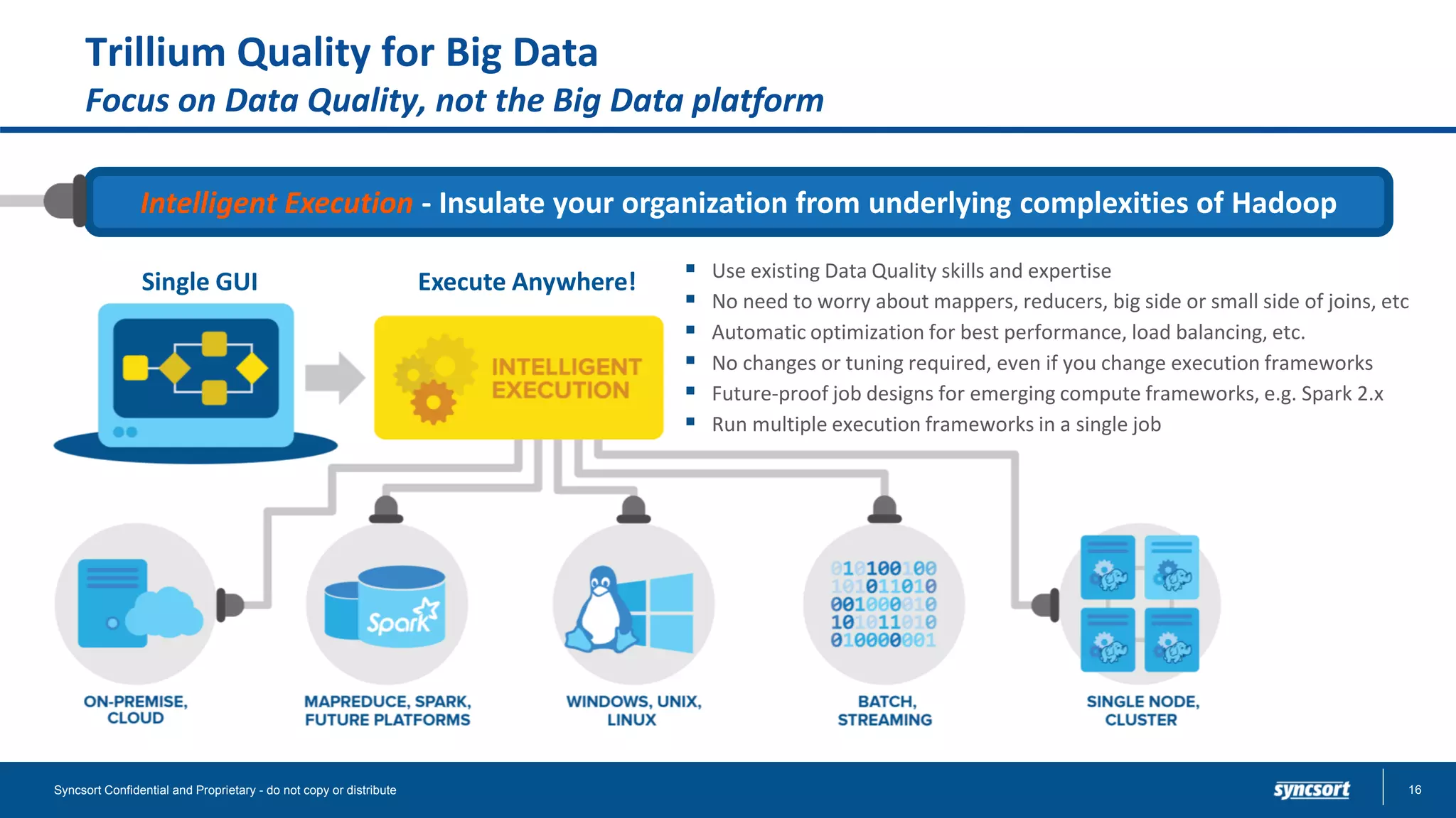 Trillium Quality for Big Data
Focus on Data Quality, not the Big Data platform
▪ Use existing Data Quality skills and expertise
▪ No need to worry about mappers, reducers, big side or small side of joins, etc
▪ Automatic optimization for best performance, load balancing, etc.
▪ No changes or tuning required, even if you change execution frameworks
▪ Future-proof job designs for emerging compute frameworks, e.g. Spark 2.x
▪ Run multiple execution frameworks in a single job
Single GUI Execute Anywhere!
16Syncsort Confidential and Proprietary - do not copy or distribute
Intelligent Execution - Insulate your organization from underlying complexities of Hadoop
 