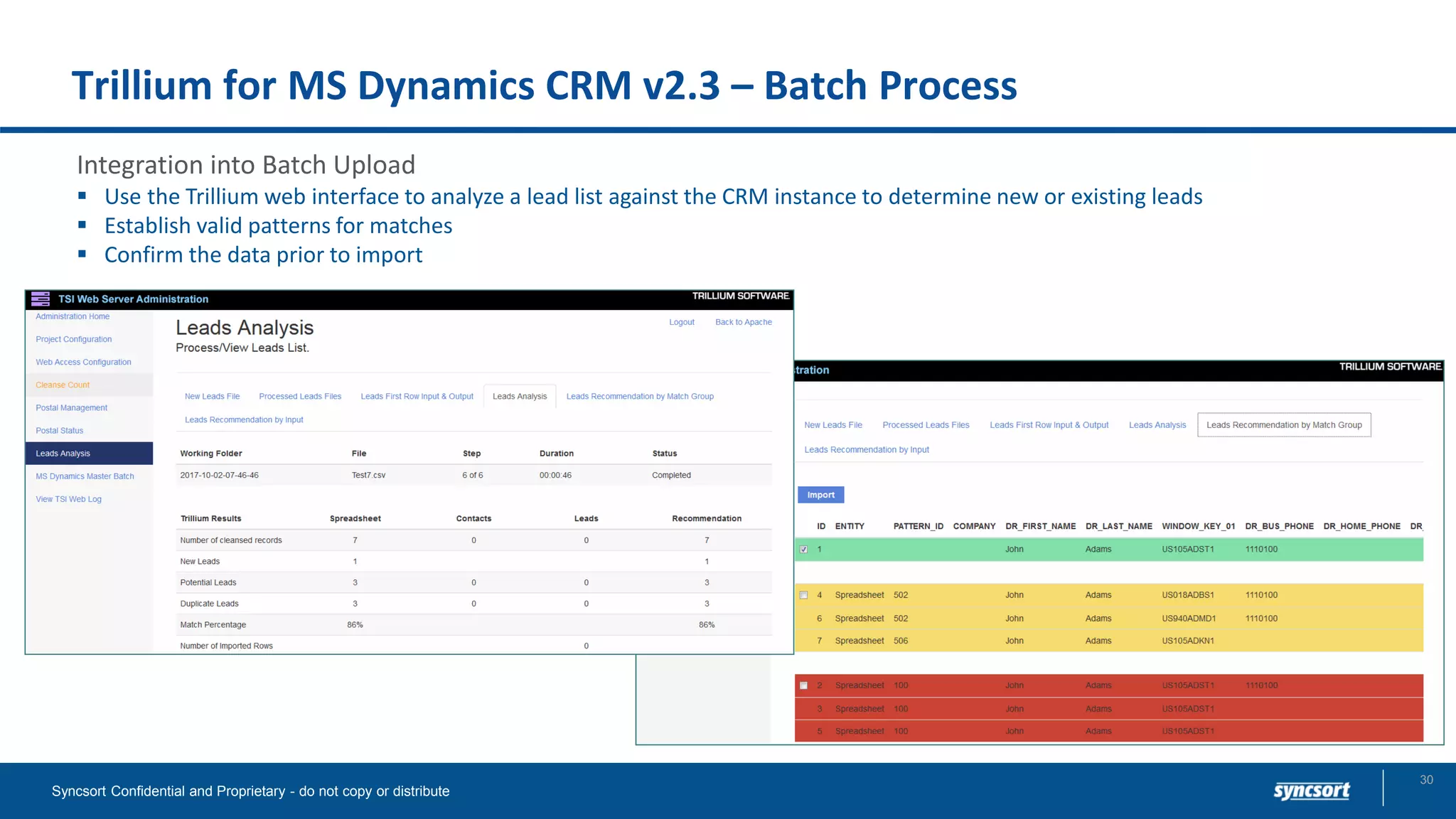 Trillium for MS Dynamics CRM v2.3 – Batch Process
Integration into Batch Upload
▪ Use the Trillium web interface to analyze a lead list against the CRM instance to determine new or existing leads
▪ Establish valid patterns for matches
▪ Confirm the data prior to import
Syncsort Confidential and Proprietary - do not copy or distribute
30
 
