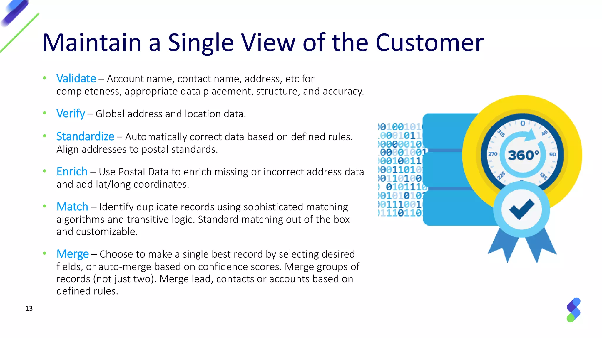 13
• Validate – Account name, contact name, address, etc for
completeness, appropriate data placement, structure, and accuracy.
• Verify – Global address and location data.
• Standardize – Automatically correct data based on defined rules.
Align addresses to postal standards.
• Enrich – Use Postal Data to enrich missing or incorrect address data
and add lat/long coordinates.
• Match – Identify duplicate records using sophisticated matching
algorithms and transitive logic. Standard matching out of the box
and customizable.
• Merge – Choose to make a single best record by selecting desired
fields, or auto-merge based on confidence scores. Merge groups of
records (not just two). Merge lead, contacts or accounts based on
defined rules.
Maintain a Single View of the Customer
 