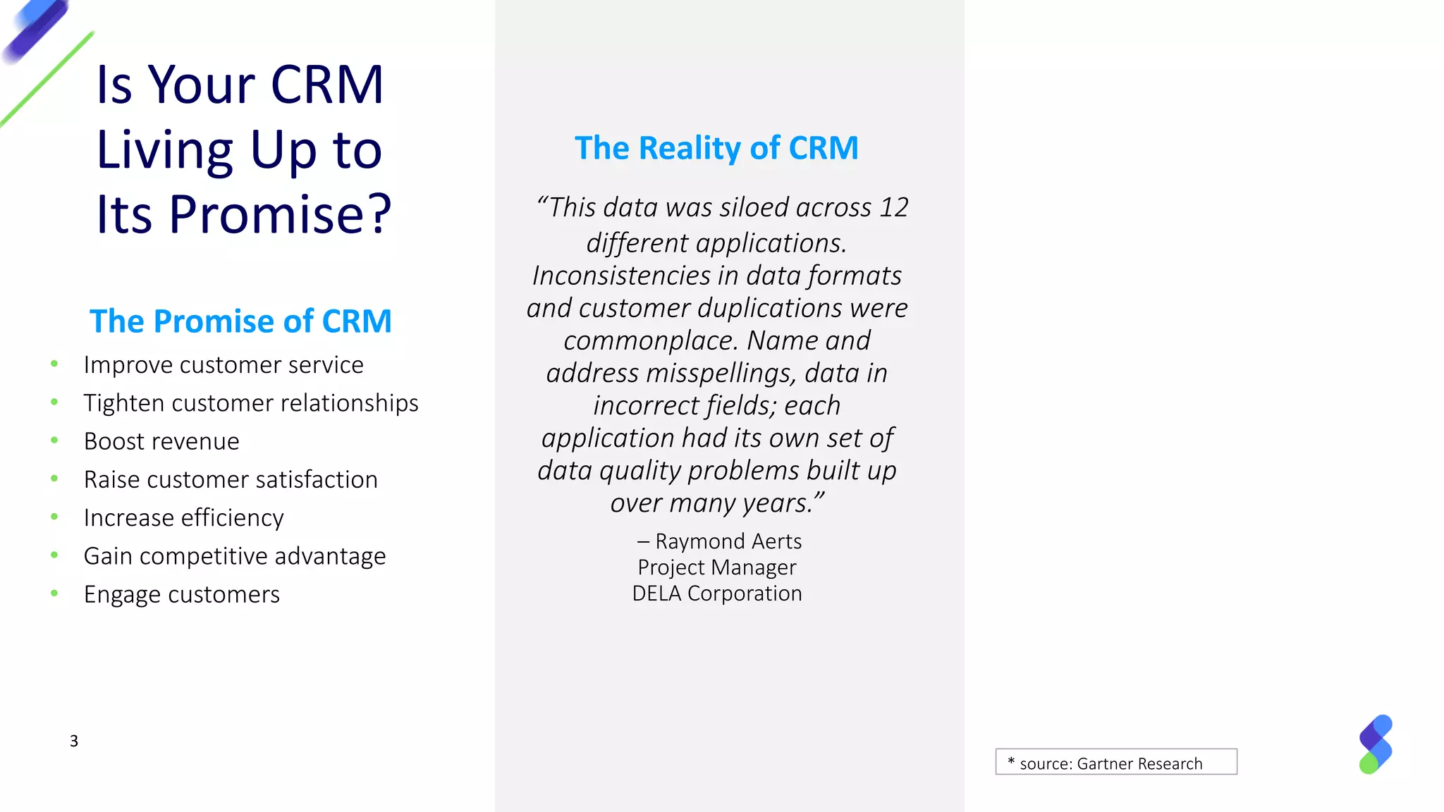 3
Is Your CRM
Living Up to
Its Promise?
The Reality of CRM
“This data was siloed across 12
different applications.
Inconsistencies in data formats
and customer duplications were
commonplace. Name and
address misspellings, data in
incorrect fields; each
application had its own set of
data quality problems built up
over many years.”
– Raymond Aerts
Project Manager
DELA Corporation
The Promise of CRM
• Improve customer service
• Tighten customer relationships
• Boost revenue
• Raise customer satisfaction
• Increase efficiency
• Gain competitive advantage
• Engage customers
* source: Gartner Research
 