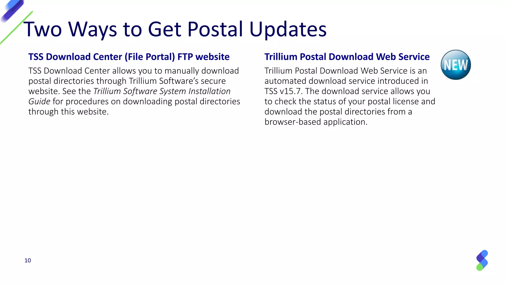 10
Two Ways to Get Postal Updates
Trillium Postal Download Web Service
Trillium Postal Download Web Service is an
automated download service introduced in
TSS v15.7. The download service allows you
to check the status of your postal license and
download the postal directories from a
browser-based application.
TSS Download Center (File Portal) FTP website
TSS Download Center allows you to manually download
postal directories through Trillium Software’s secure
website. See the Trillium Software System Installation
Guide for procedures on downloading postal directories
through this website.
 