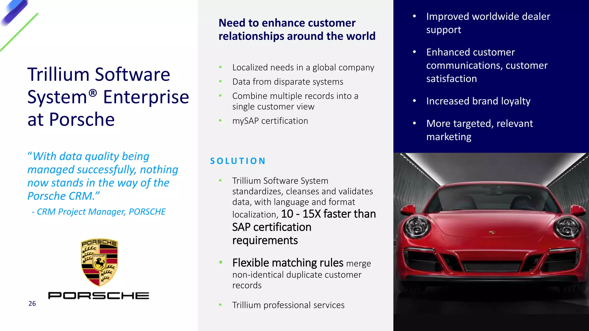 Trillium Software
System® Enterprise
at Porsche
“With data quality being
managed successfully, nothing
now stands in the way of the
Porsche CRM.”
- CRM Project Manager, PORSCHE
Need to enhance customer
relationships around the world
• Localized needs in a global company
• Data from disparate systems
• Combine multiple records into a
single customer view
• mySAP certification
S O L U T I O N
• Trillium Software System
standardizes, cleanses and validates
data, with language and format
localization, 10 - 15X faster than
SAP certification
requirements
• Flexible matching rules merge
non-identical duplicate customer
records
• Trillium professional services26
• Improved worldwide dealer
support
• Enhanced customer
communications, customer
satisfaction
• Increased brand loyalty
• More targeted, relevant
marketing
 