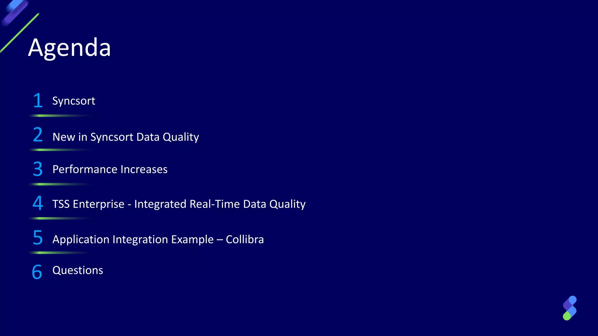 Agenda
1 Syncsort
2 New in Syncsort Data Quality
3 Performance Increases
4 TSS Enterprise - Integrated Real-Time Data Quality
5 Application Integration Example – Collibra
6 Questions
 