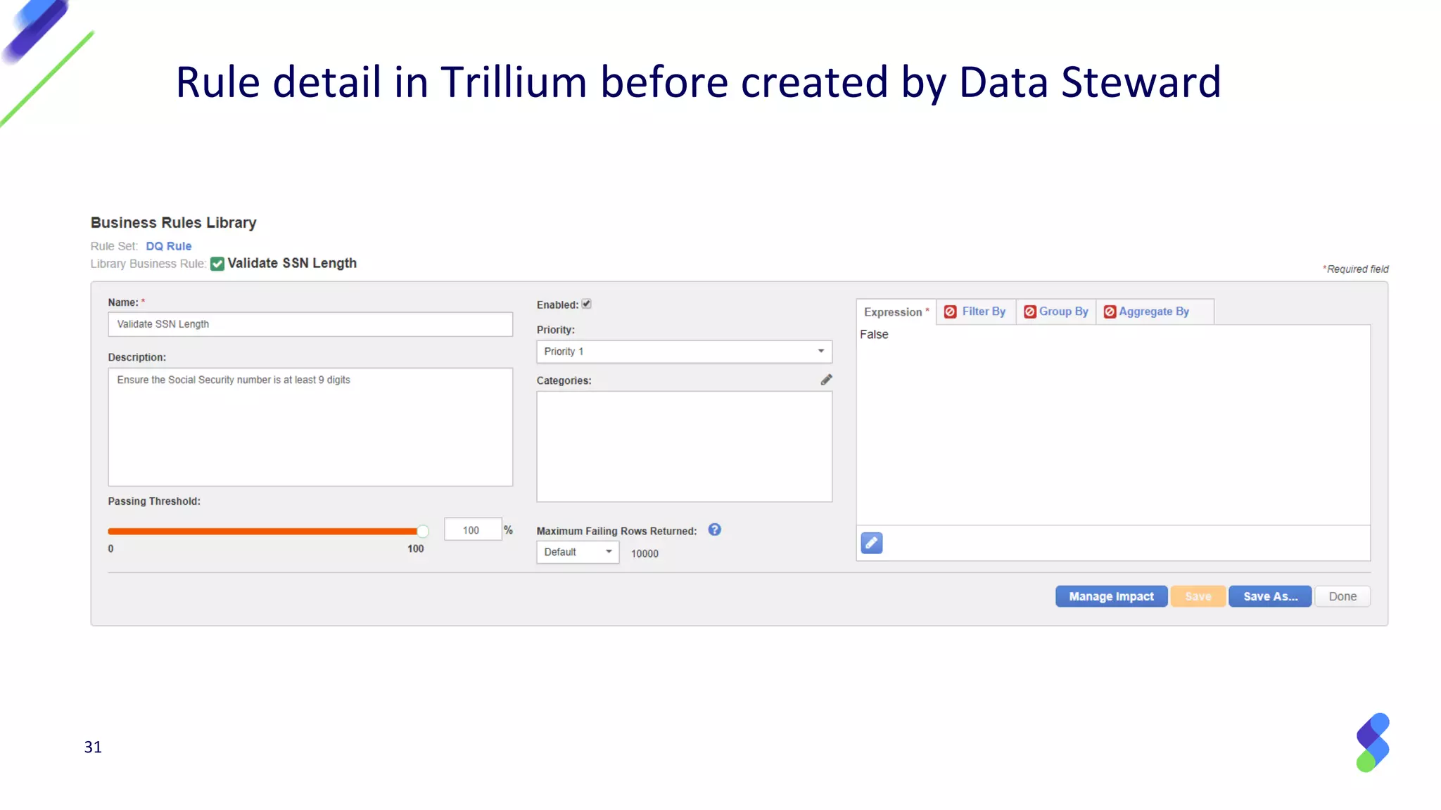 31
Rule detail in Trillium before created by Data Steward
 