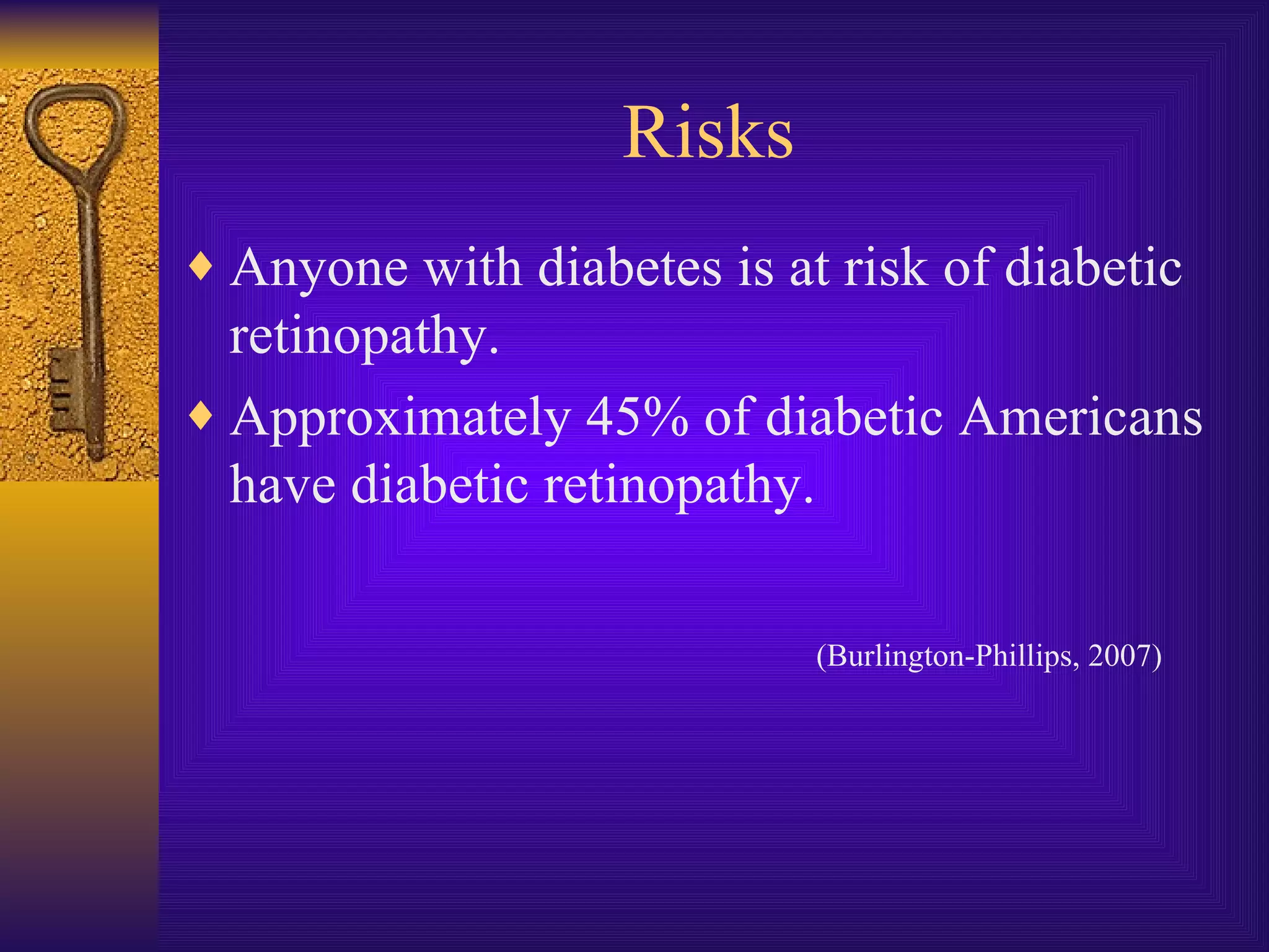Risks Anyone with diabetes is at risk of diabetic retinopathy.  Approximately 45% of diabetic Americans have diabetic retinopathy. (Burlington-Phillips, 2007) 