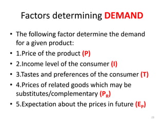 Factors determining DEMAND
• The following factor determine the demand
for a given product:
• 1.Price of the product (P)
• 2.Income level of the consumer (I)
• 3.Tastes and preferences of the consumer (T)
• 4.Prices of related goods which may be
substitutes/complementary (PR)
• 5.Expectation about the prices in future (EP)
23
 