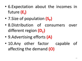 • 6.Expectation about the incomes in
future (EI)
• 7.Size of population (SP)
• 8.Distribution of consumers over
different region (DC)
• 9.Advertising efforts (A)
• 10.Any other factor capable of
affecting the demand (O)
24
 