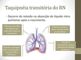 Taquipnéia transitória do RN
• Decorre do retardo na absorção do líquido intra-
pulmonar após o nascimento.
O líquido pulmonar
exerce pressão sobre
as vias aéreas
Durante o
nascimento, cessa a
produção do líquido
pulmonar.
Estima-se que 70%
do líquido seja
absorvido antes do
nascimento.
Durante a passagem
pelo canal de parto,
cerca de 10% é
eliminado.
 