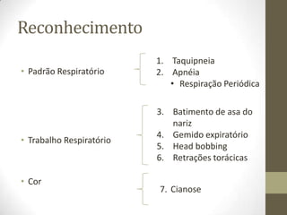 Reconhecimento
• Padrão Respiratório
• Trabalho Respiratório
• Cor
1. Taquipneia
2. Apnéia
• Respiração Periódica
3. Batimento de asa do
nariz
4. Gemido expiratório
5. Head bobbing
6. Retrações torácicas
7. Cianose
 